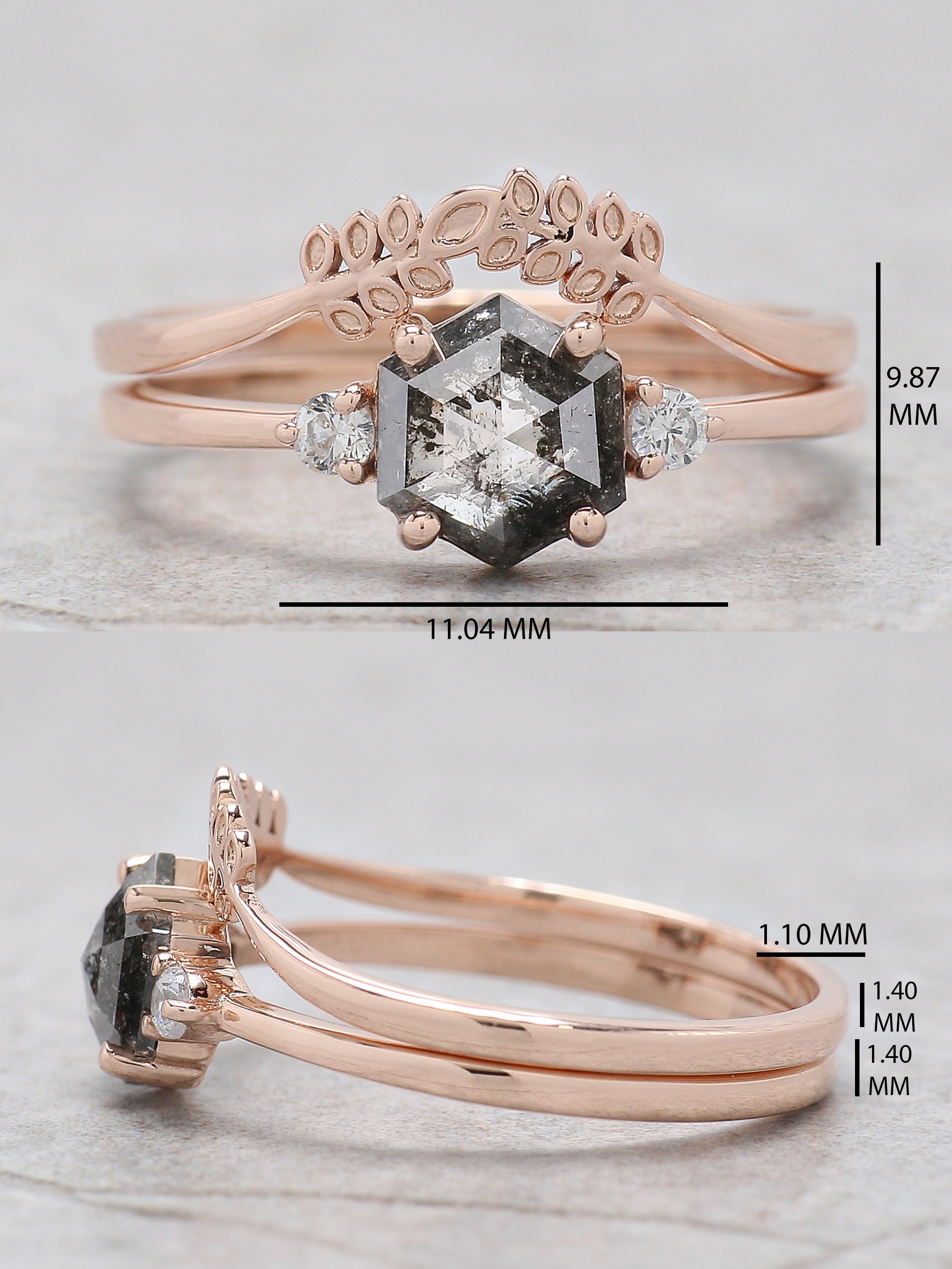 Hexagon Cut Salt And Pepper Diamond Ring 0.84 Ct 6.73 MM Hexagon Cut Diamond Ring 14K Rose Gold Silver Engagement Ring Gift For Her KDL2967