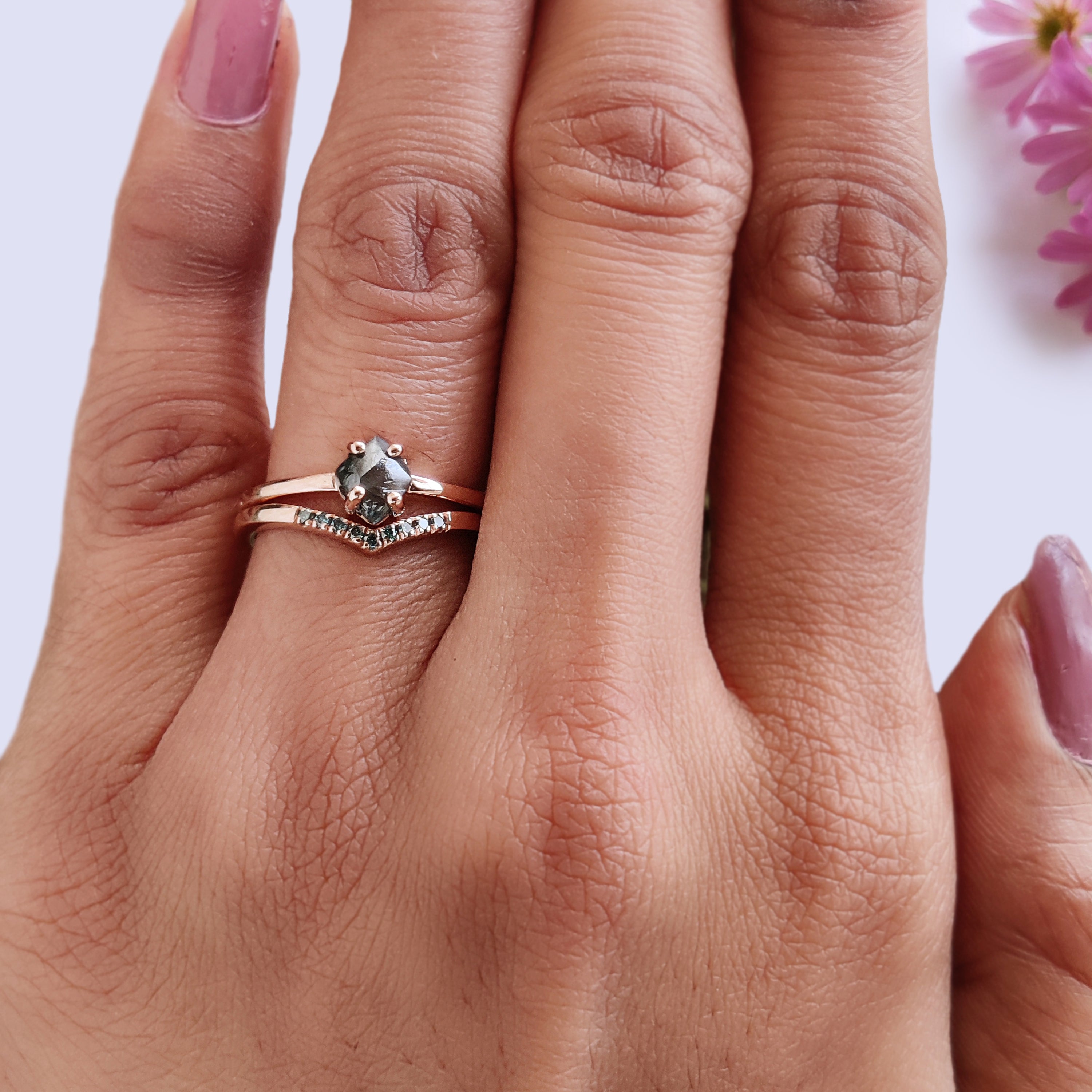 1.05 Ct Natural Rough Cut Blue Color Diamond Ring 6.30 MM Crystal Rough Diamond Ring 14K Solid Rose Gold Silver Engagement Ring QL2344