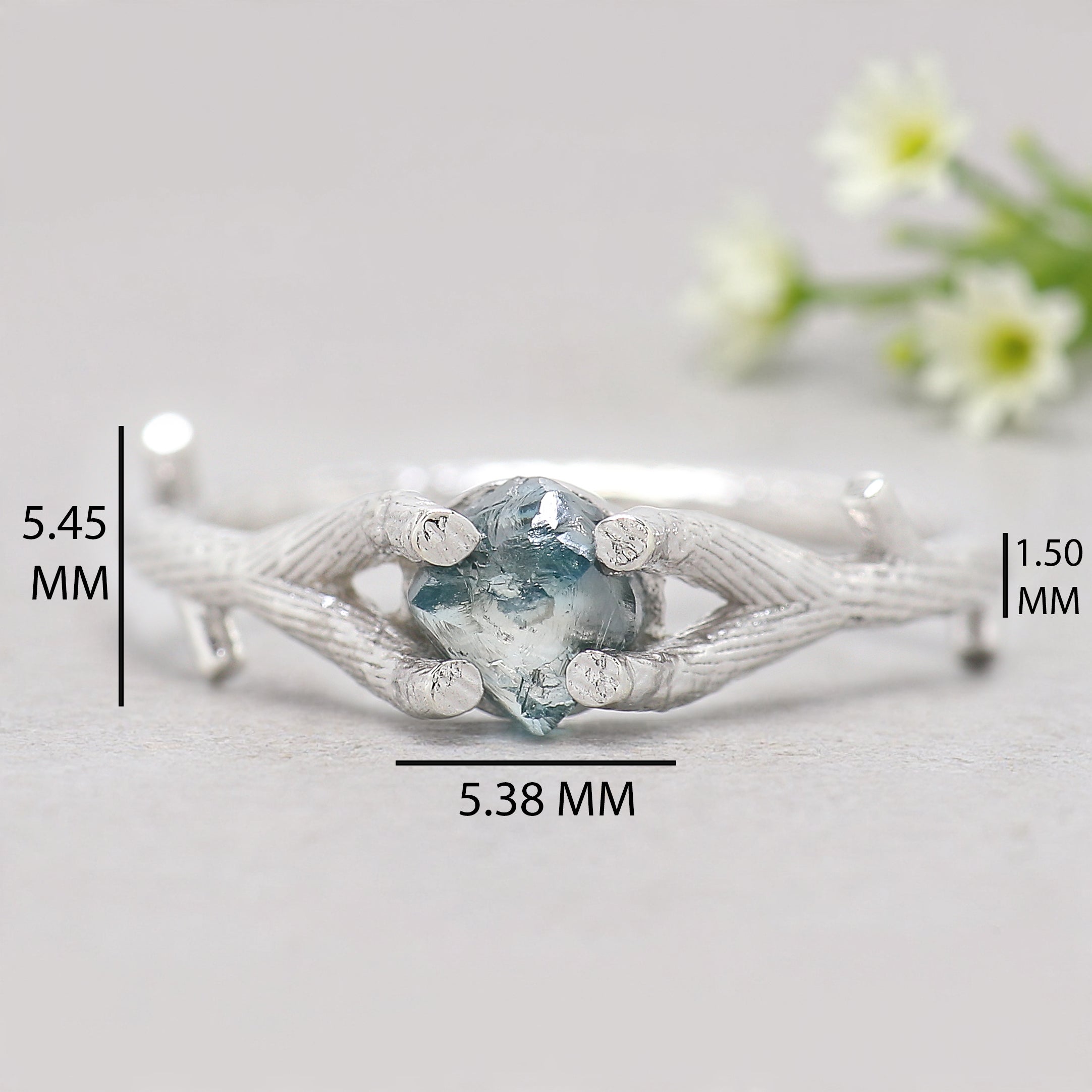 Rough Blue Color Diamond Ring 0.94 Ct 5.73 MM Crystal Rough Diamond Ring 14K Solid White Gold Silver Engagement Ring Gift For Her QL2360