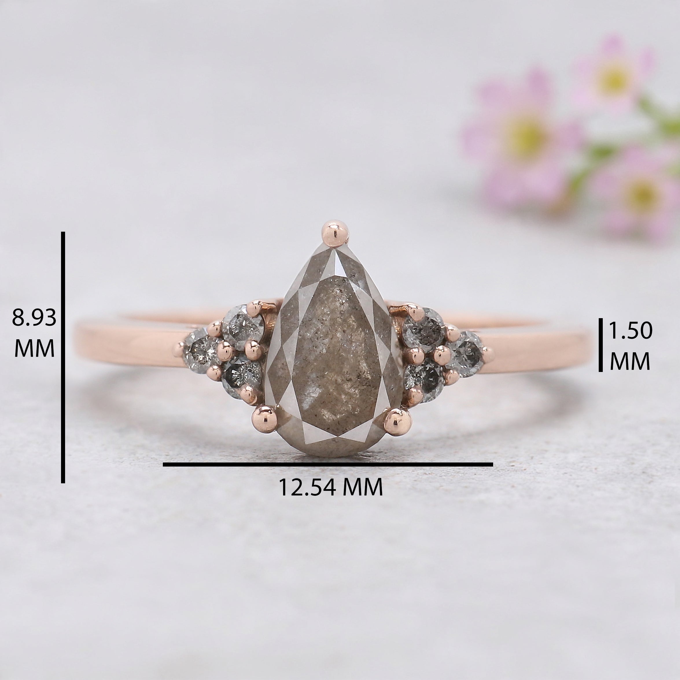 Pear Cut Gray Color Diamond Ring 1.30 Ct 8.43 MM Pear Diamond Ring 14K Solid Rose Gold Silver Pear Engagement Ring Gift For Her KDK2706
