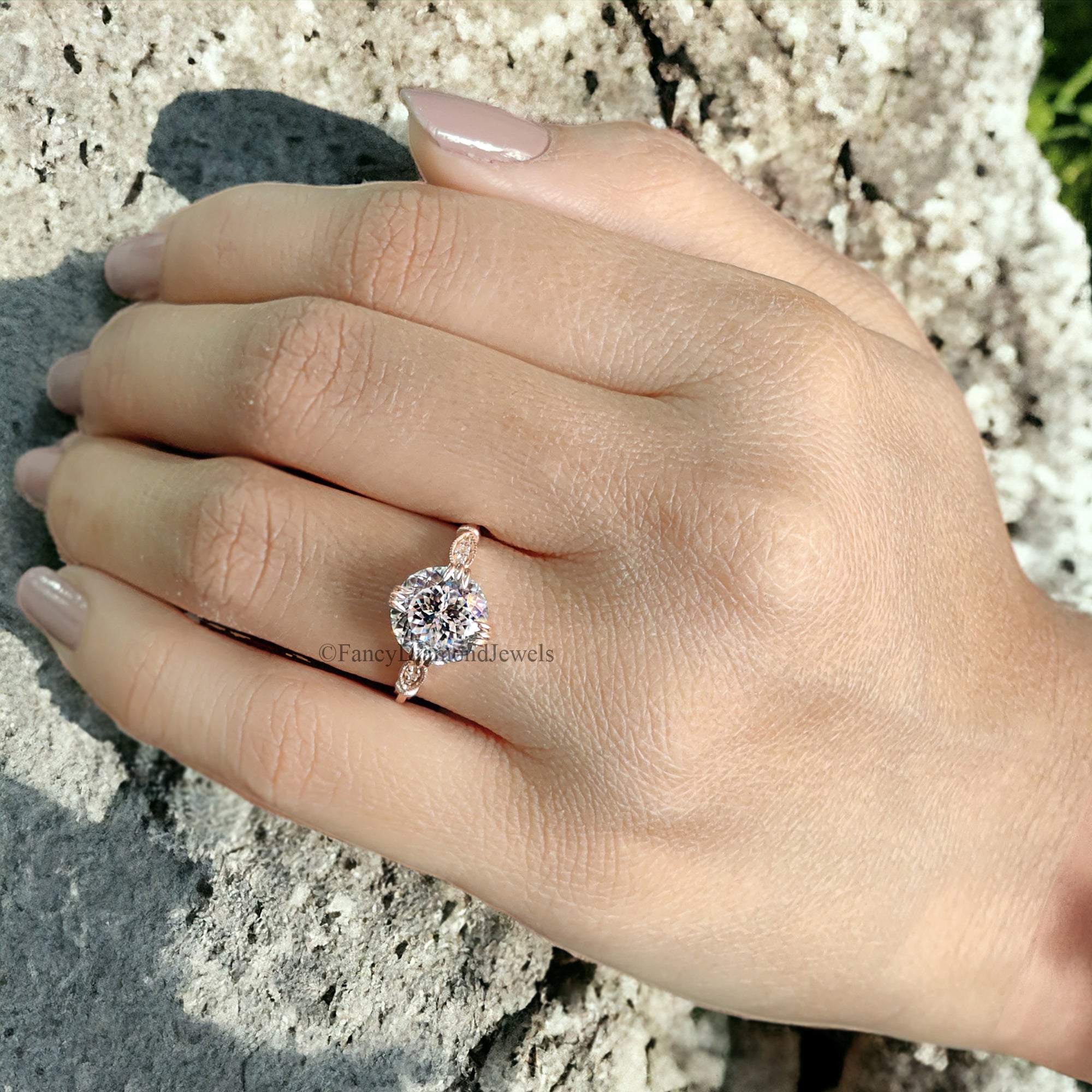 Vintage Style Engagement Ring 2.26 TW Portuguese Cut Moissanite Fishtail Prong Ring Wedding Ring for Women Cathedral Milgrain Ring FD10