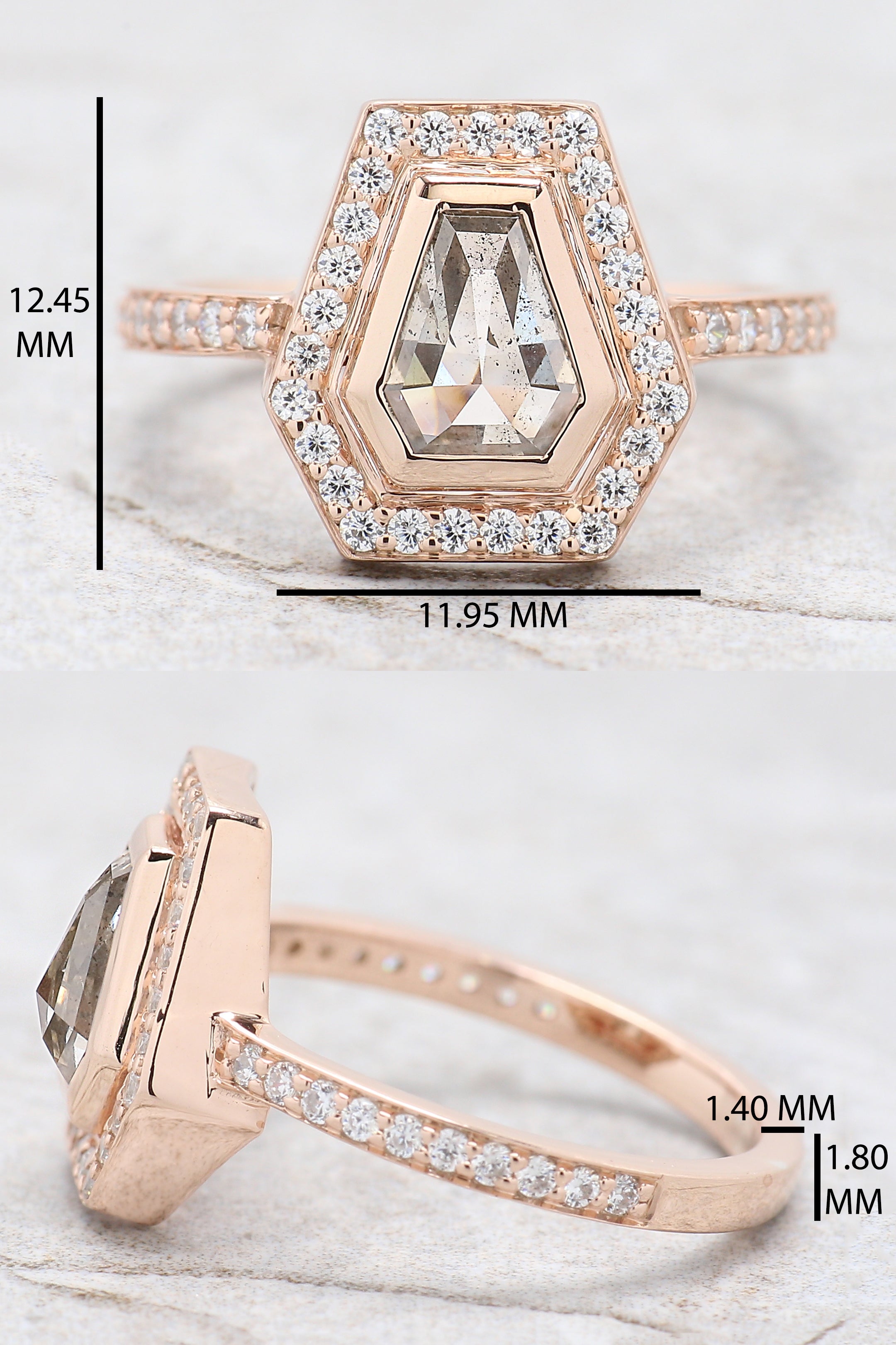 Coffin Cut Salt And Pepper Diamond Ring 0.96 Ct 6.84 MM Coffin Diamond Ring 14K Solid Rose Gold Silver Engagement Ring Gift For Her QN204