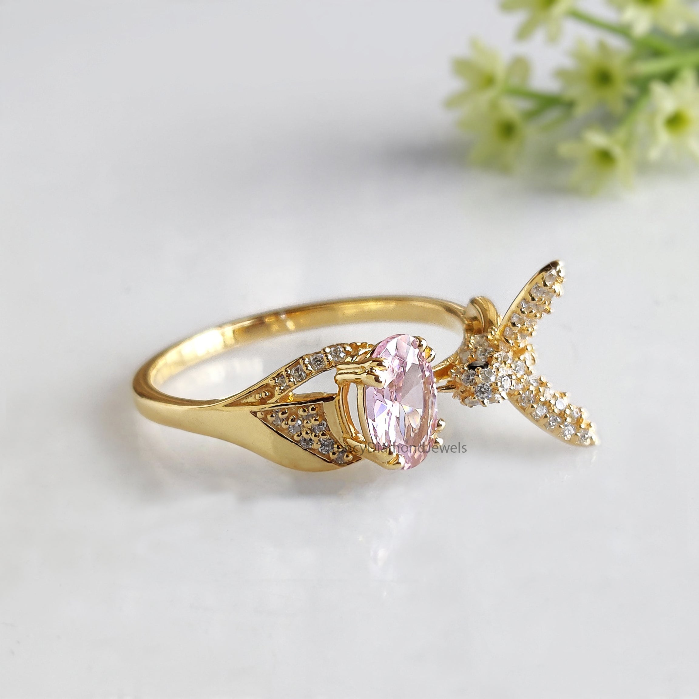 Oval Diamond Bird Ring Simulated Diamond Engagement Ring Yellow Plated Ring Anniversary Ring Simulant Pink Oval ring Gift For Her FD532