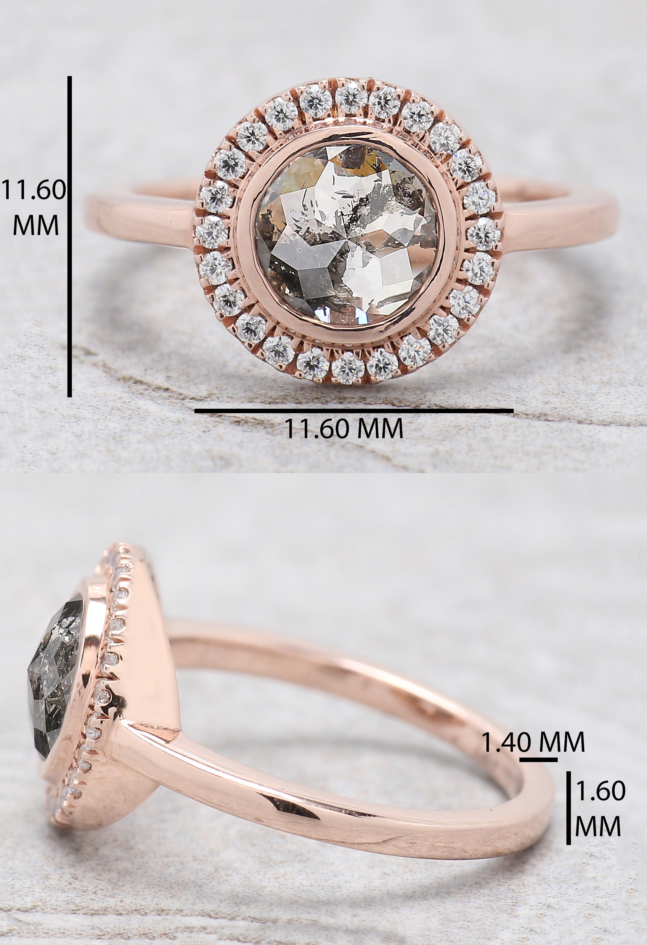 Round Rose Cut Salt And Pepper Diamond Ring 1.14 Ct 7.28 MM Round Diamond Ring 14K Rose Gold Silver Engagement Ring Gift For Her QL2590