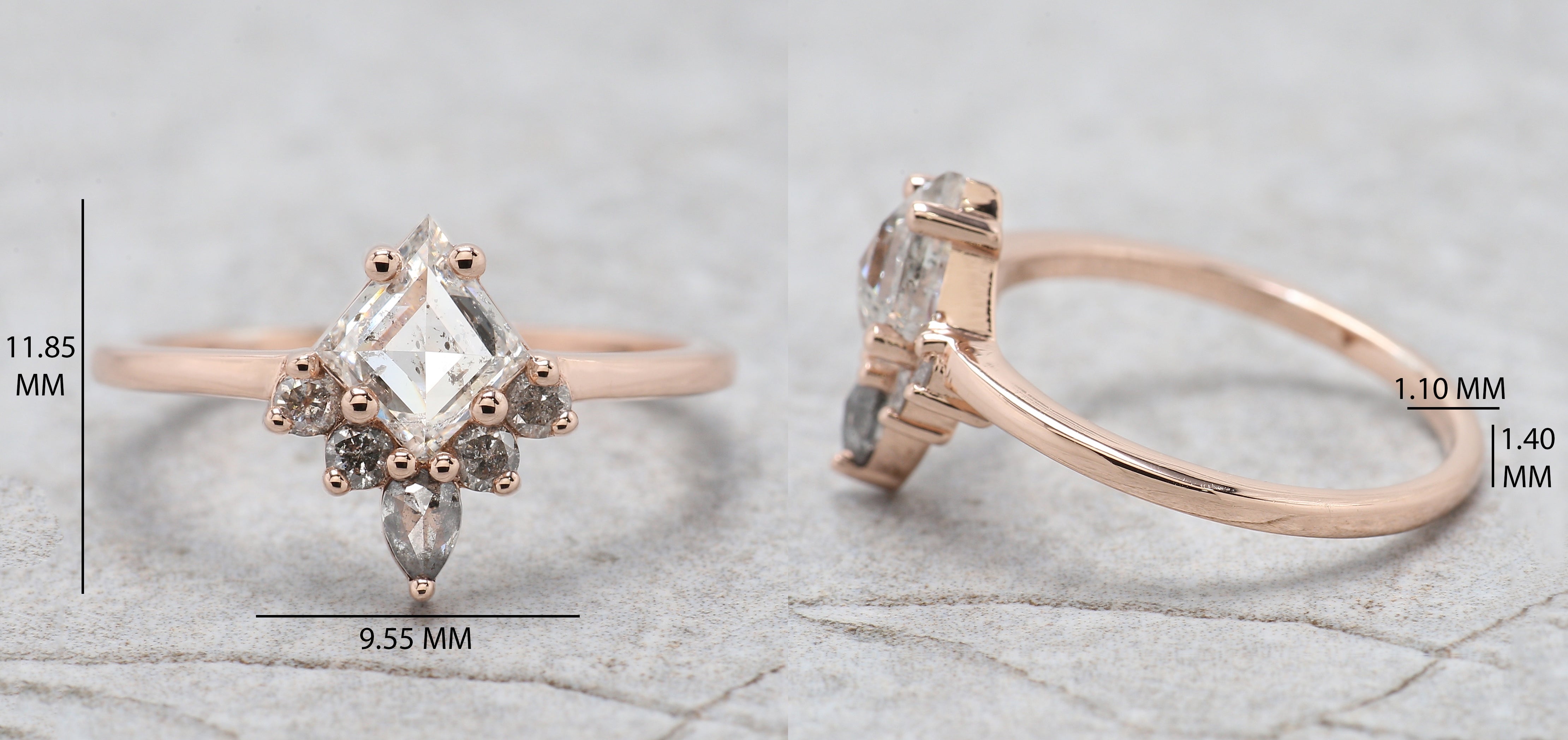Kite Cut Salt And Pepper Diamond Ring 0.83 Ct 7.44 MM Kite Diamond Ring 14K Solid Rose Gold Silver Kite Engagement Ring Gift For Her QL2628