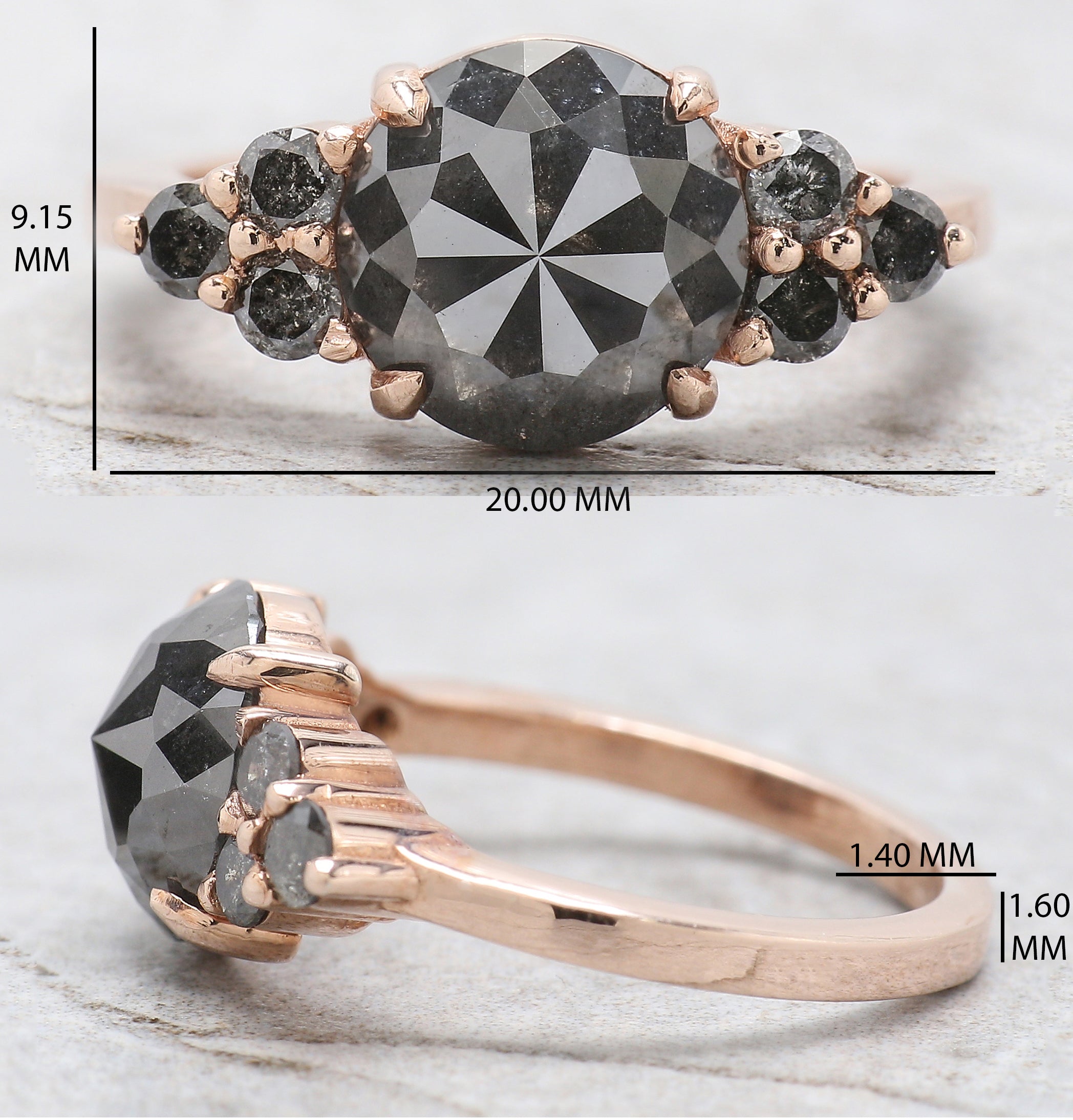 Round Rose Cut Salt And Pepper Diamond Ring 2.69 Ct 9.00 MM Round Diamond Ring 14K Rose Gold Silver Engagement Ring Gift For Her QL180