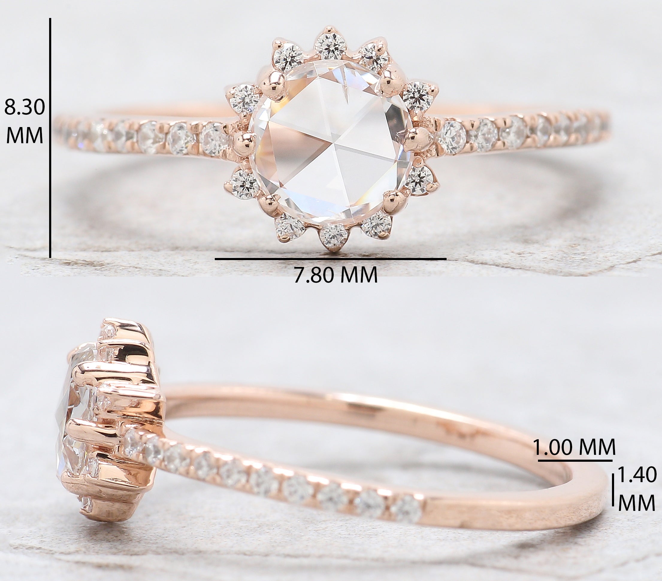 Round Rose Cut White Color Diamond Ring 0.55 Ct 6.00 MM Round Shape Diamond Ring 14K Rose Gold Silver Engagement Ring Gift For Her QL6242