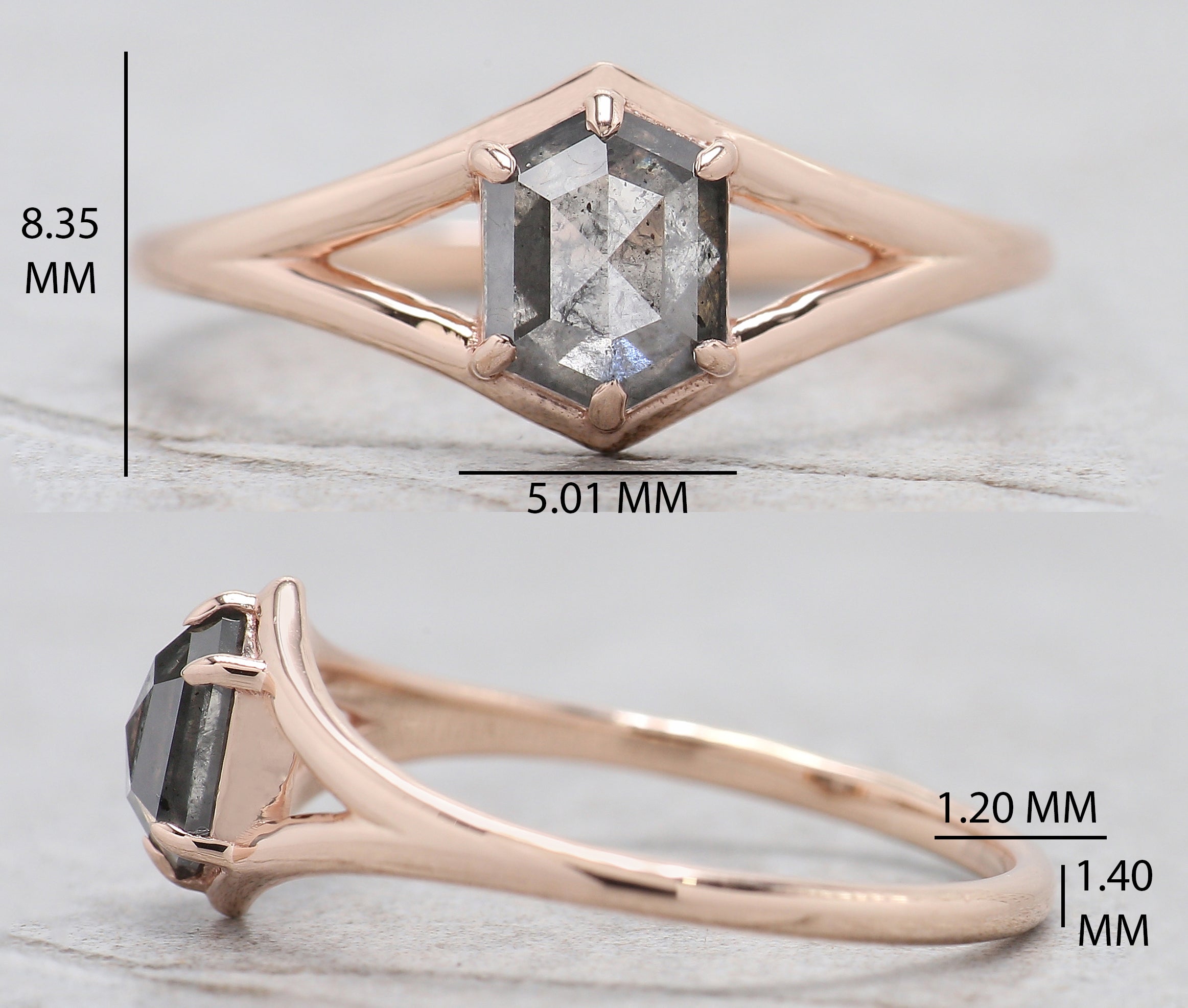 Hexagon Cut Salt And Pepper Diamond Ring 0.78 Ct 6.30 MM Hexagon Cut Diamond Ring 14K Rose Gold Silver Engagement Ring Gift For Her QL1403