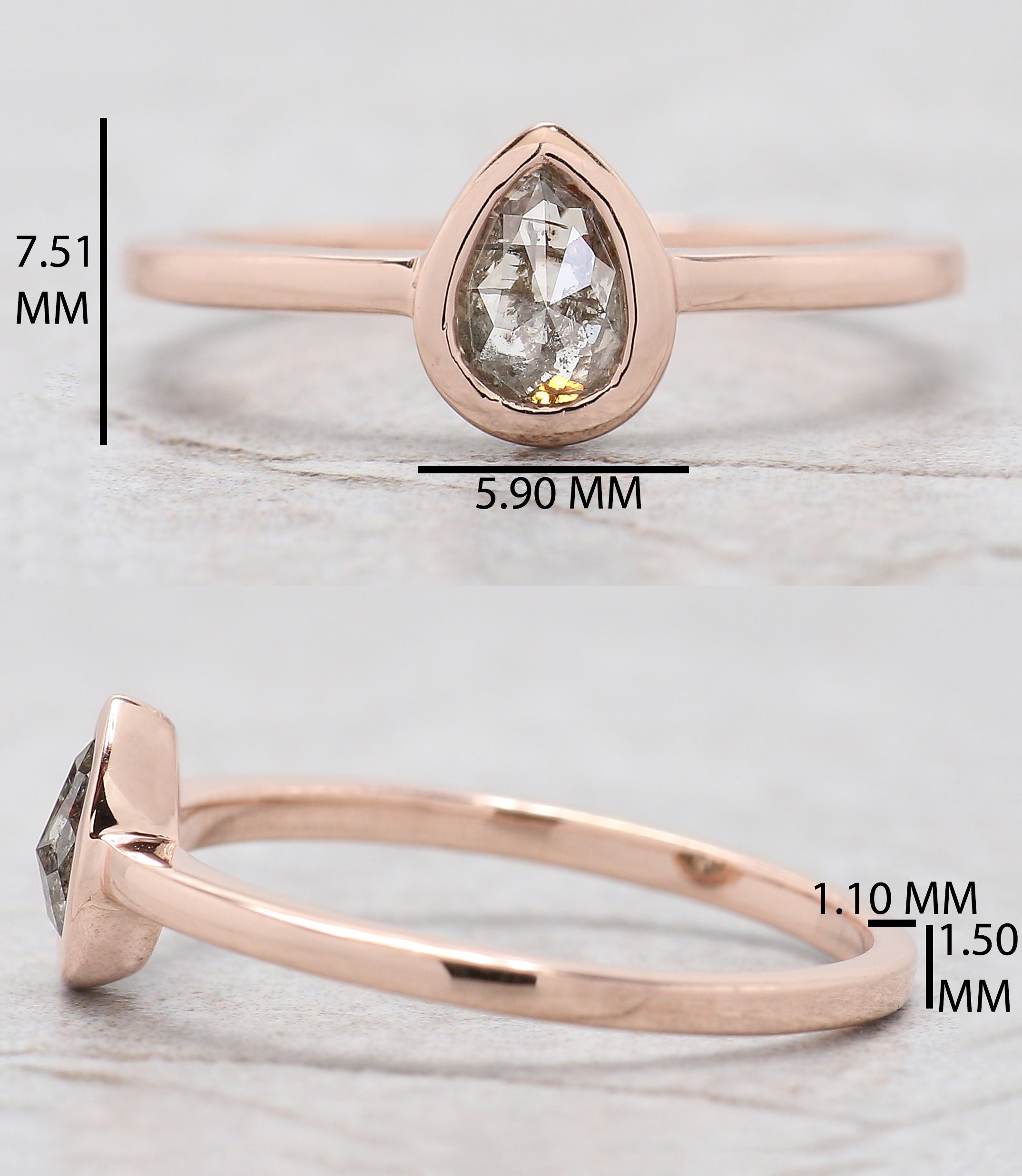 0.35 Ct Natural Pear Cut Salt And Pepper Diamond Ring 6.15 MM Pear Diamond Ring 14K Solid Rose Gold Silver Engagement Ring Pear Ring QN554