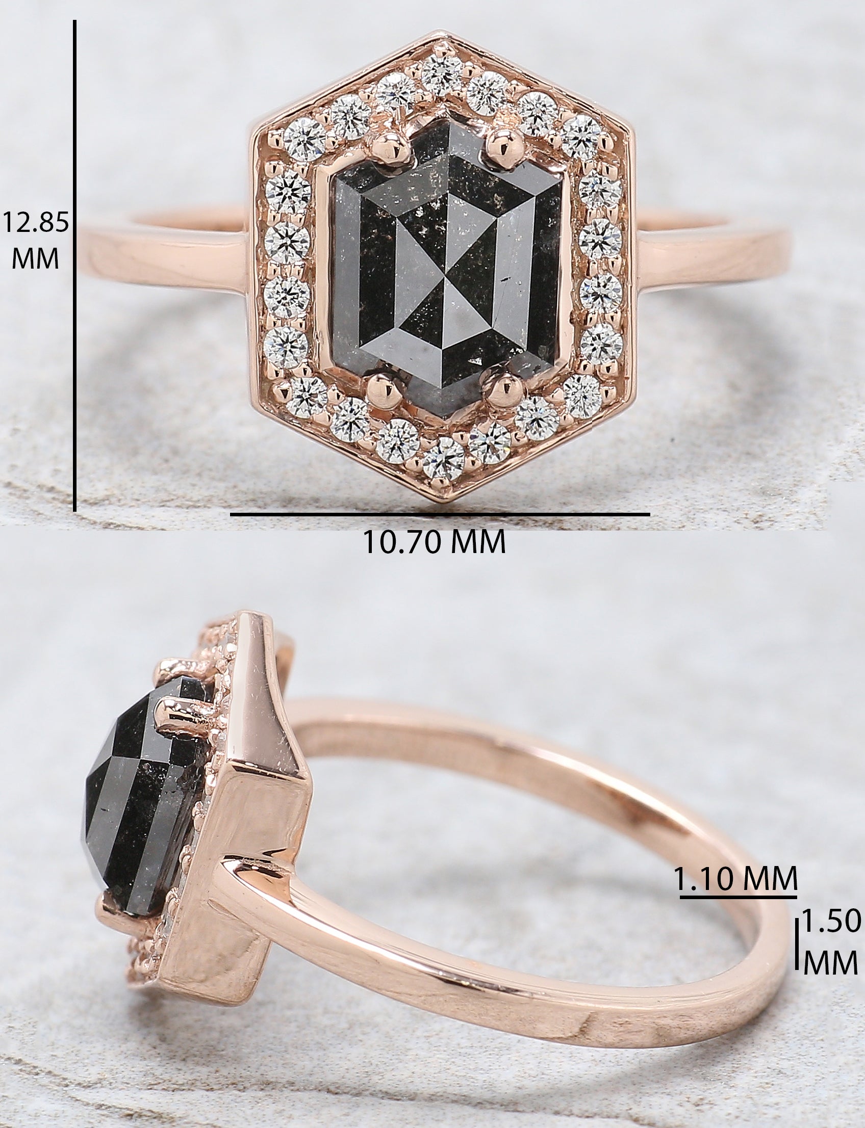 Hexagon Cut Salt And Pepper Diamond Ring 1.55 Ct 8.00 MM Hexagon Diamond Ring 14K Solid Rose Gold Silver Engagement Ring Gift For Her QL734