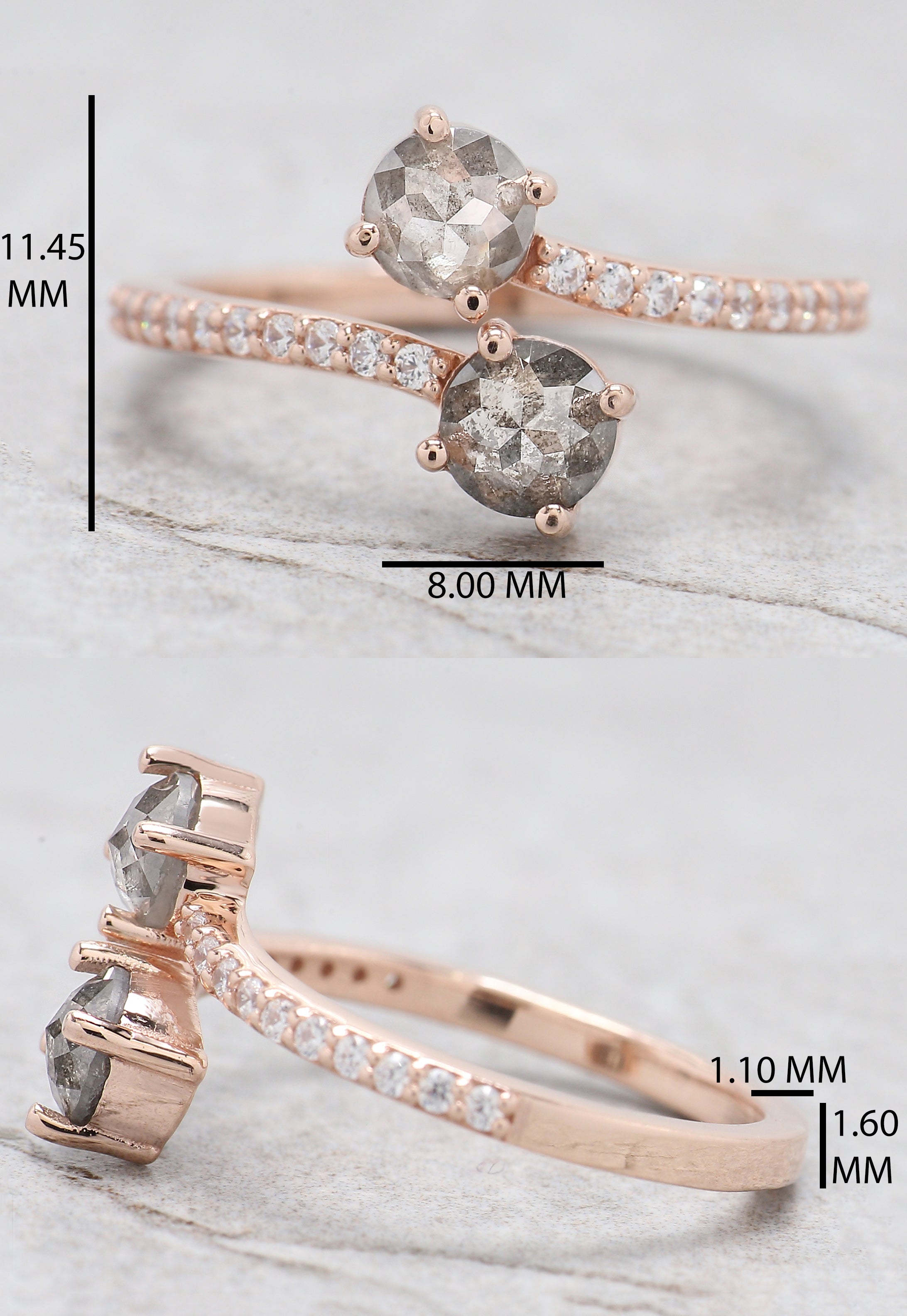 Round Rose Cut Salt And Pepper Diamond Ring 0.85 Ct 4.55 MM Round Diamond Ring 14K Rose Gold Silver Engagement Ring Gift For Her QL6309