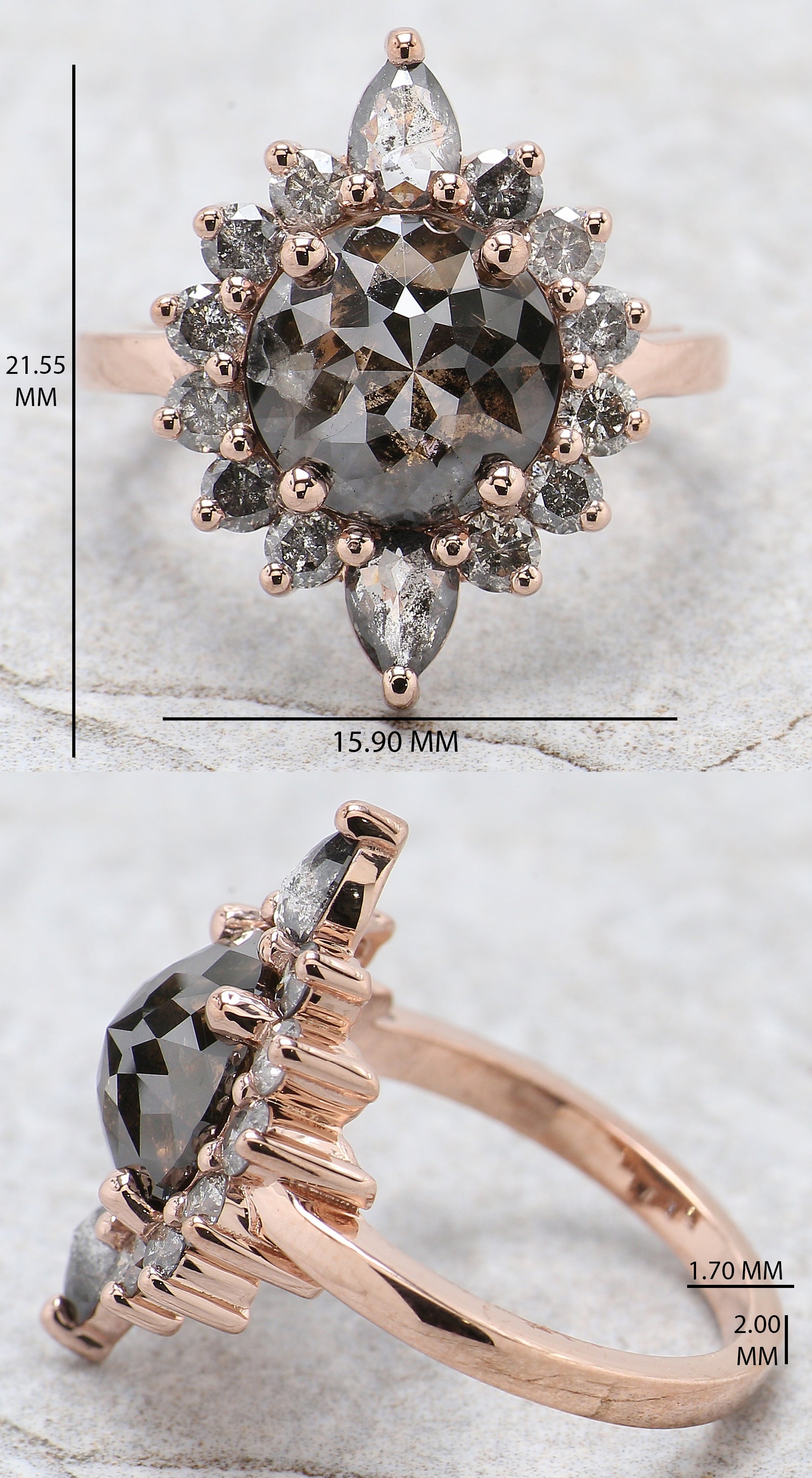 Round Rose Cut Salt And Pepper Diamond Ring 4.20 Ct 9.90 MM Round Diamond Ring 14K Rose Gold Silver Engagement Ring Gift For Her QL8509