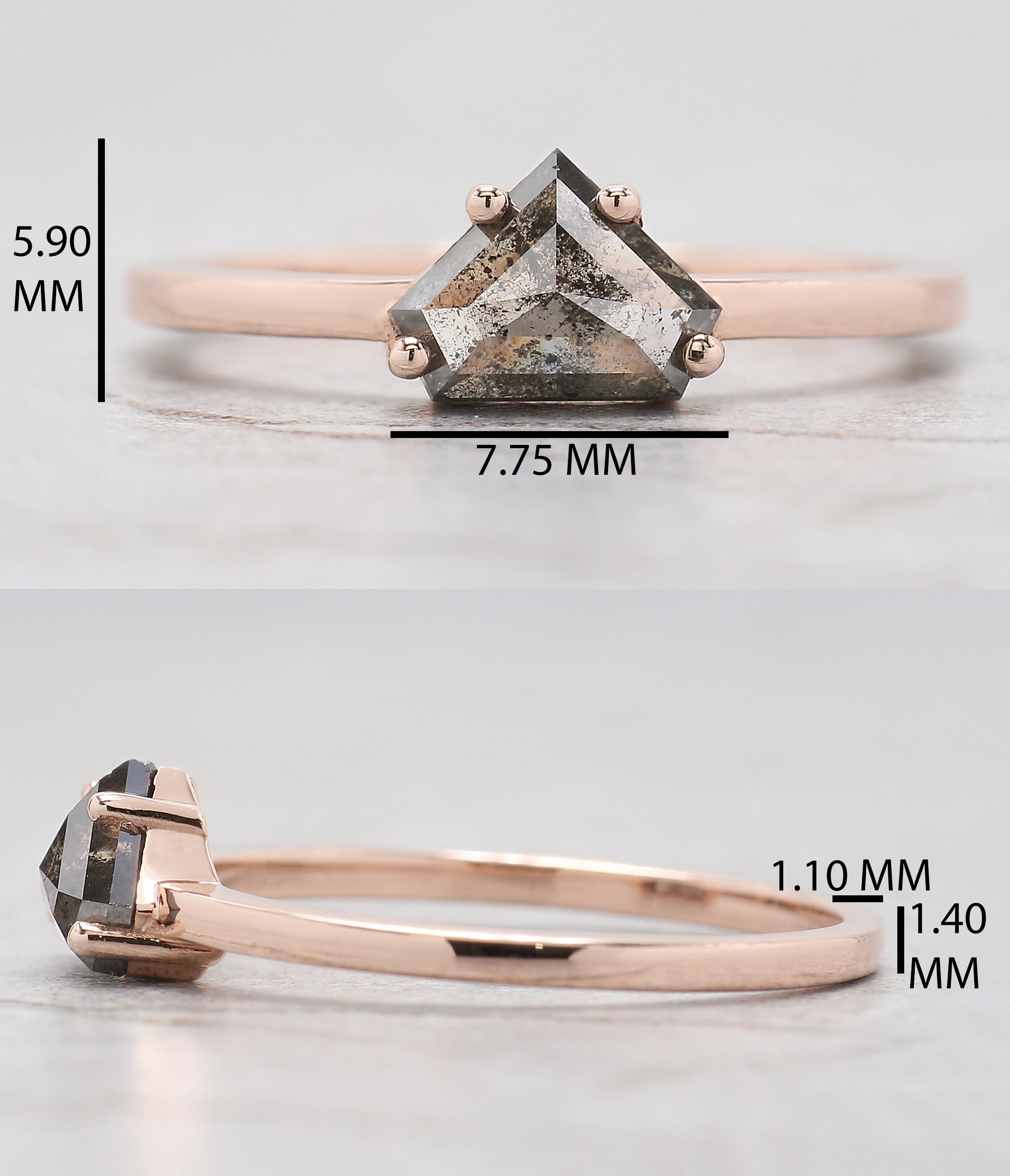 0.89 Ct Natural Shield Cut Salt And Pepper Diamond Ring 5.77 MM Shield Shape Diamond Ring 14K Solid Rose Gold Silver Engagement Ring QL9565