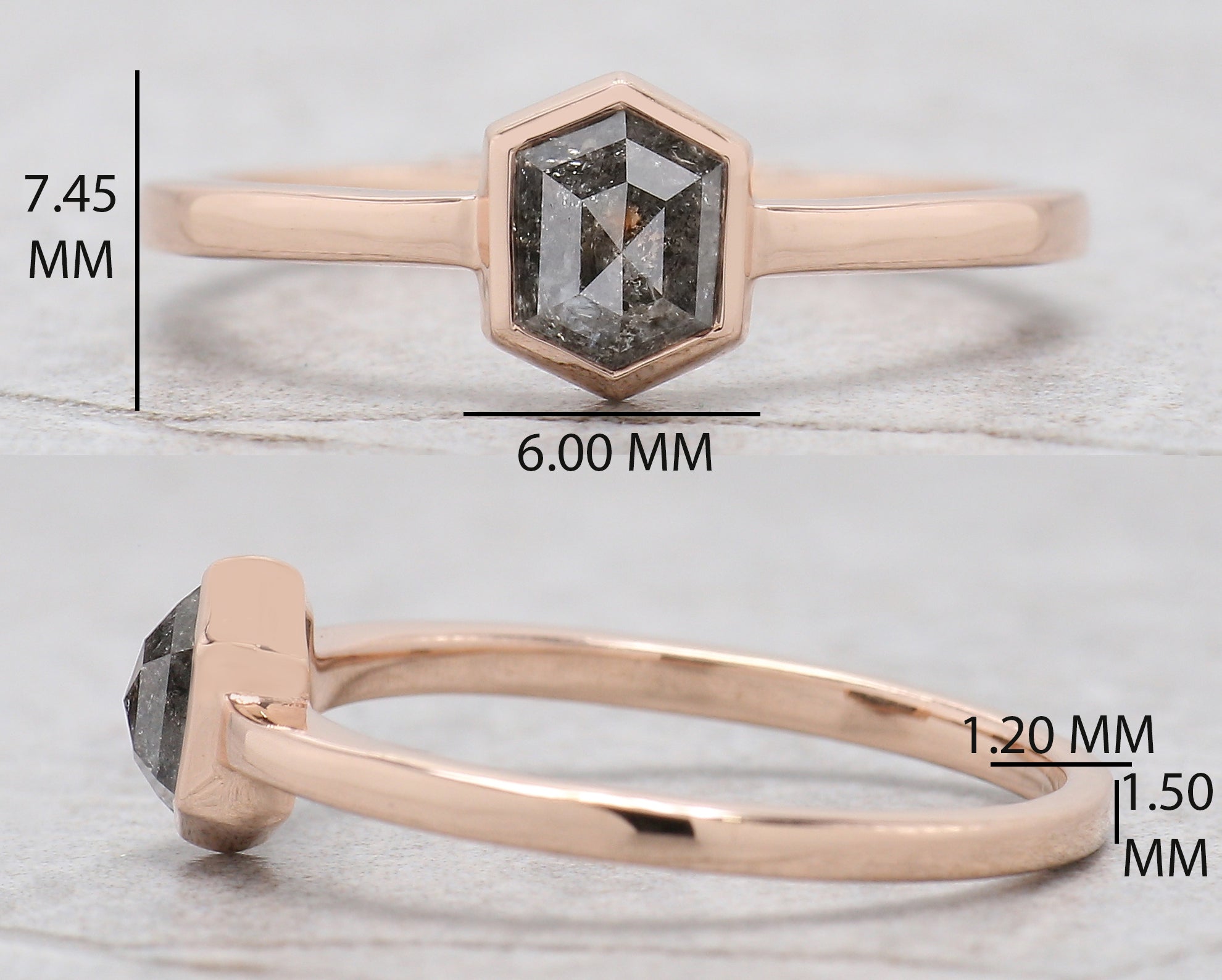 Hexagon Cut Salt And Pepper Diamond Ring 0.76 Ct 5.96 MM Hexagon Diamond Ring 14K Solid Rose Gold Silver Engagement Ring Gift For Her QN2187