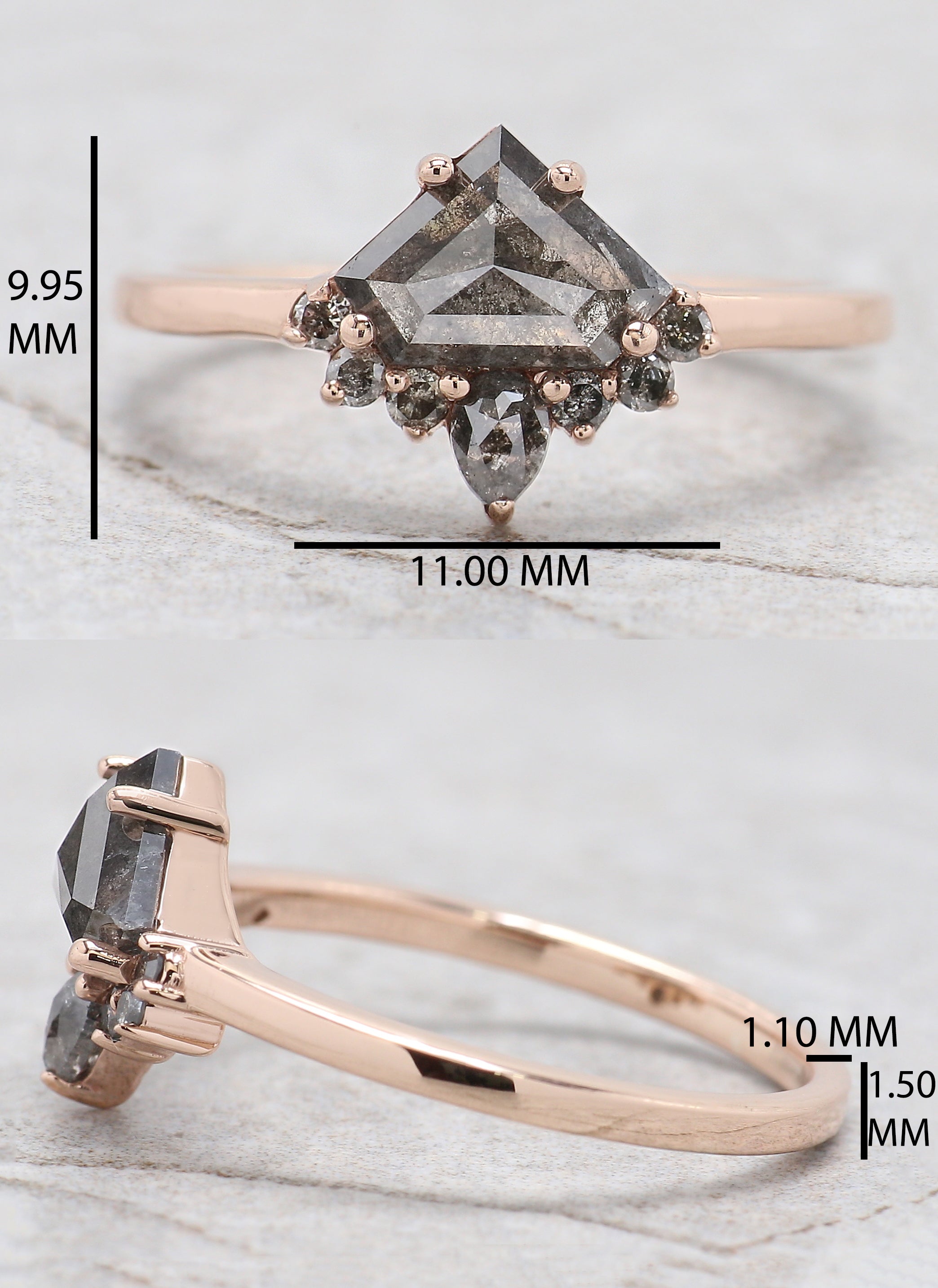 Shield Salt And Pepper Diamond Ring 1.12 Ct 6.05 MM Shield Cut Diamond Ring 14K Solid Rose Gold Silver Engagement Ring Gift For Her QN1274