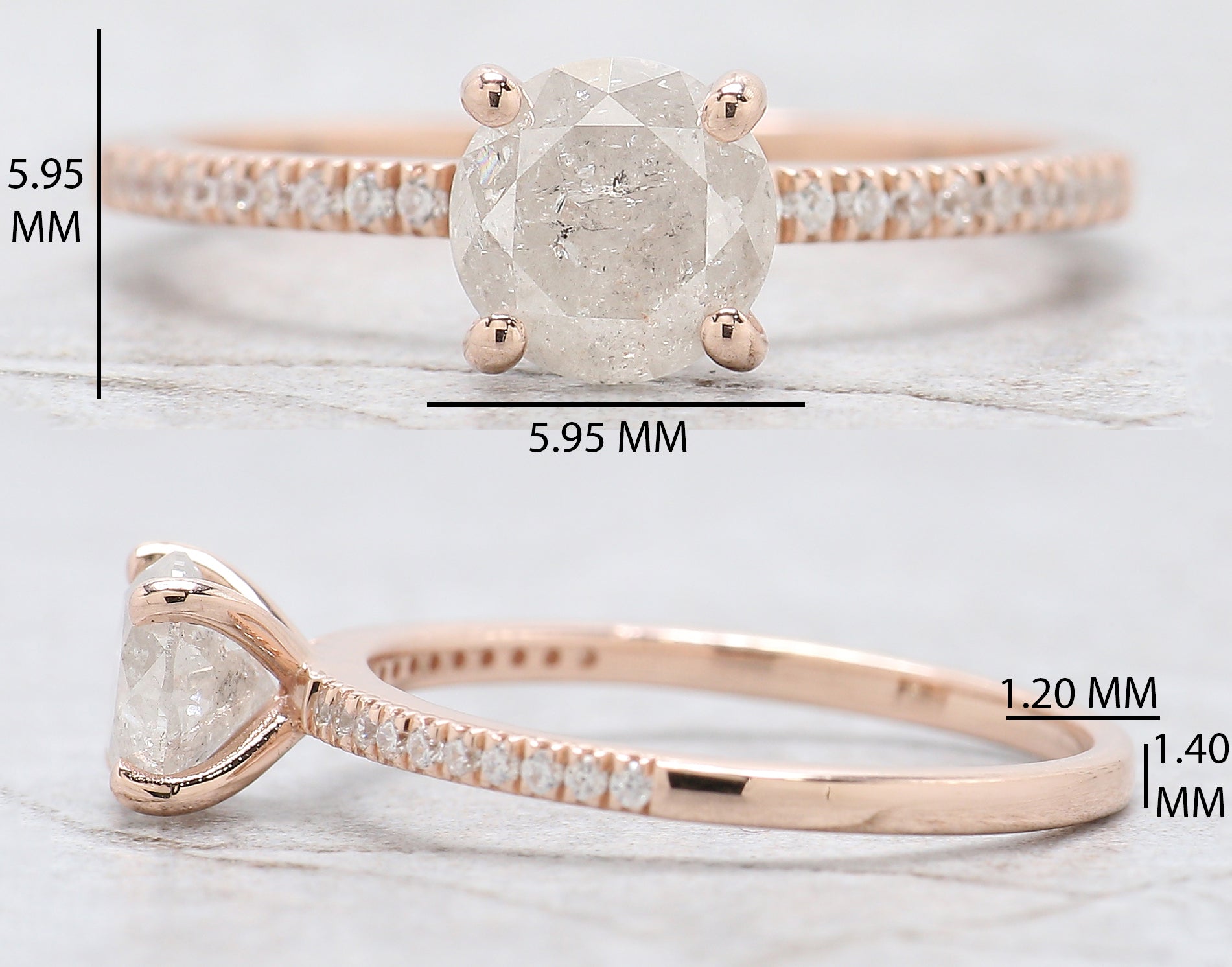 0.86 Ct Natural Round Shape Grey Color Diamond Ring 5.95 MM Round Rose Cut Diamond Ring 14K Solid Rose Gold Silver Engagement Ring QN1062