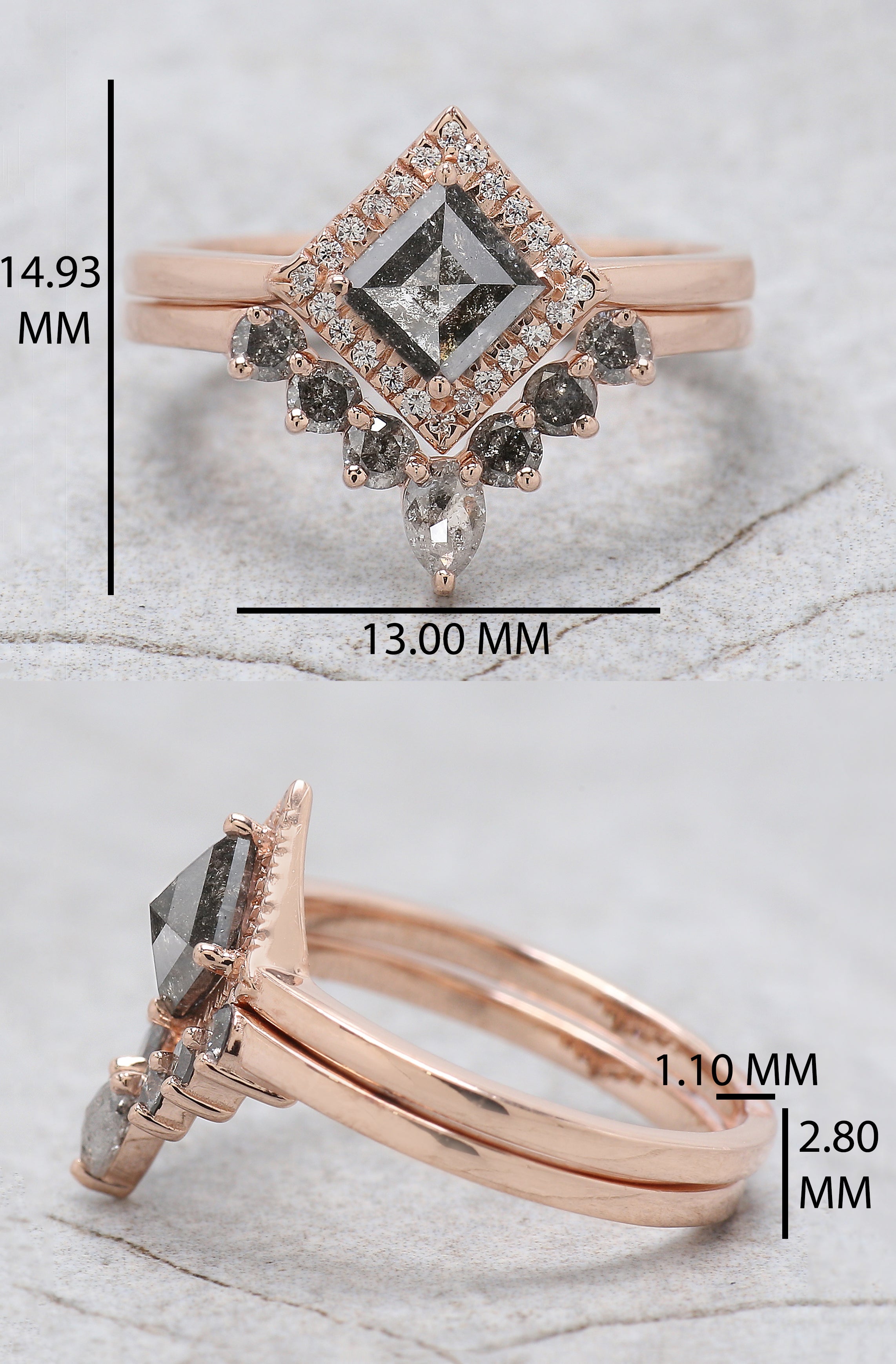 Kite Cut Salt And Pepper Diamond Ring 0.60 Ct 6.80 MM Kite Diamond Ring 14K Solid Rose Gold Silver Kite Engagement Ring Gift For Her QL159