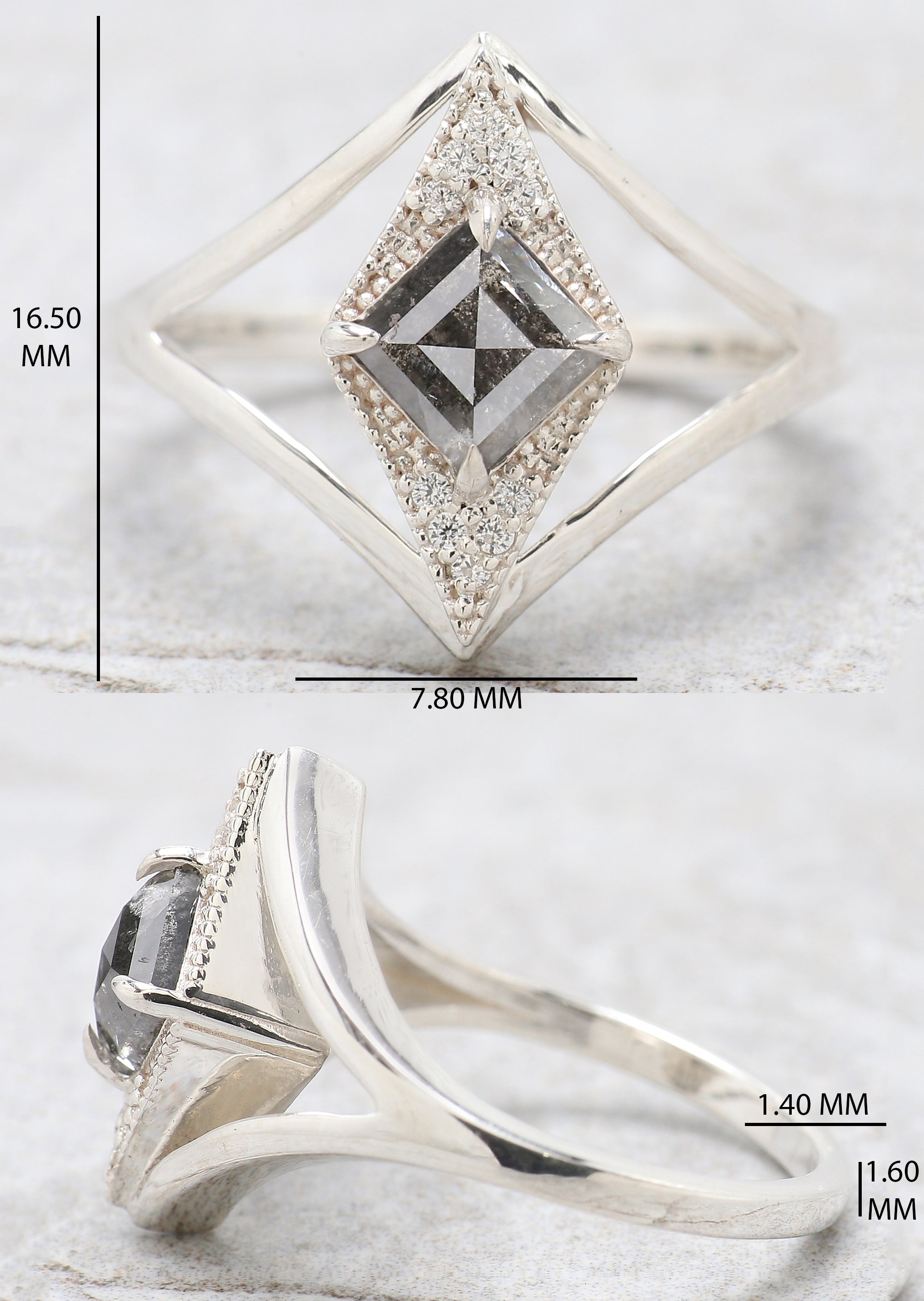 Kite Shape Salt And Pepper Diamond Ring 0.82 Ct 7.05 MM Kite Cut Diamond Ring 14K Solid White Gold Silver Engagement Ring Spilt Ring QN1650