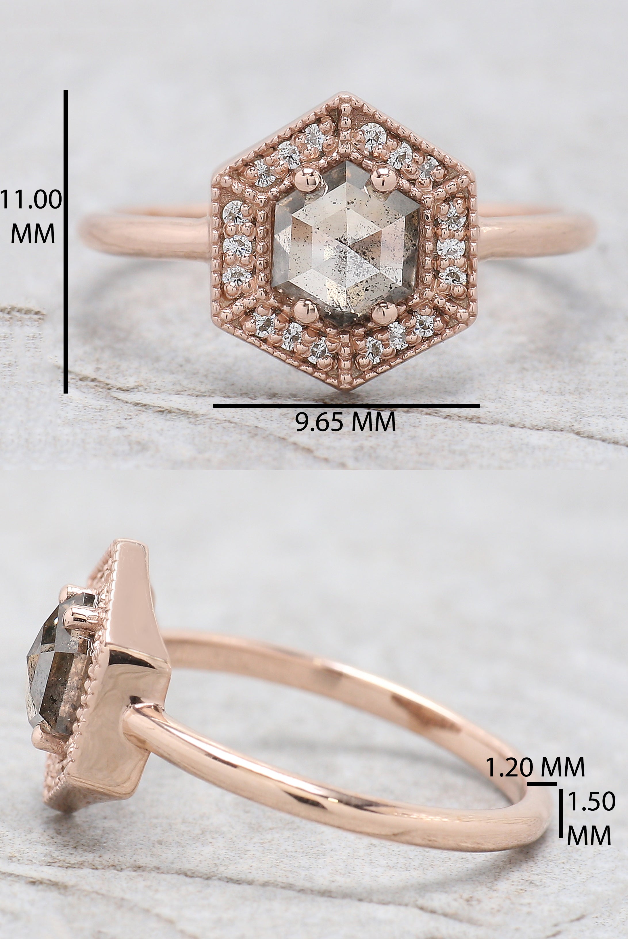 Hexagon Cut Salt And Pepper Diamond Ring 0.77 Ct 5.94 MM Hexagon Diamond Ring 14K Solid Rose Gold Silver Engagement Ring Gift For Her QL9543