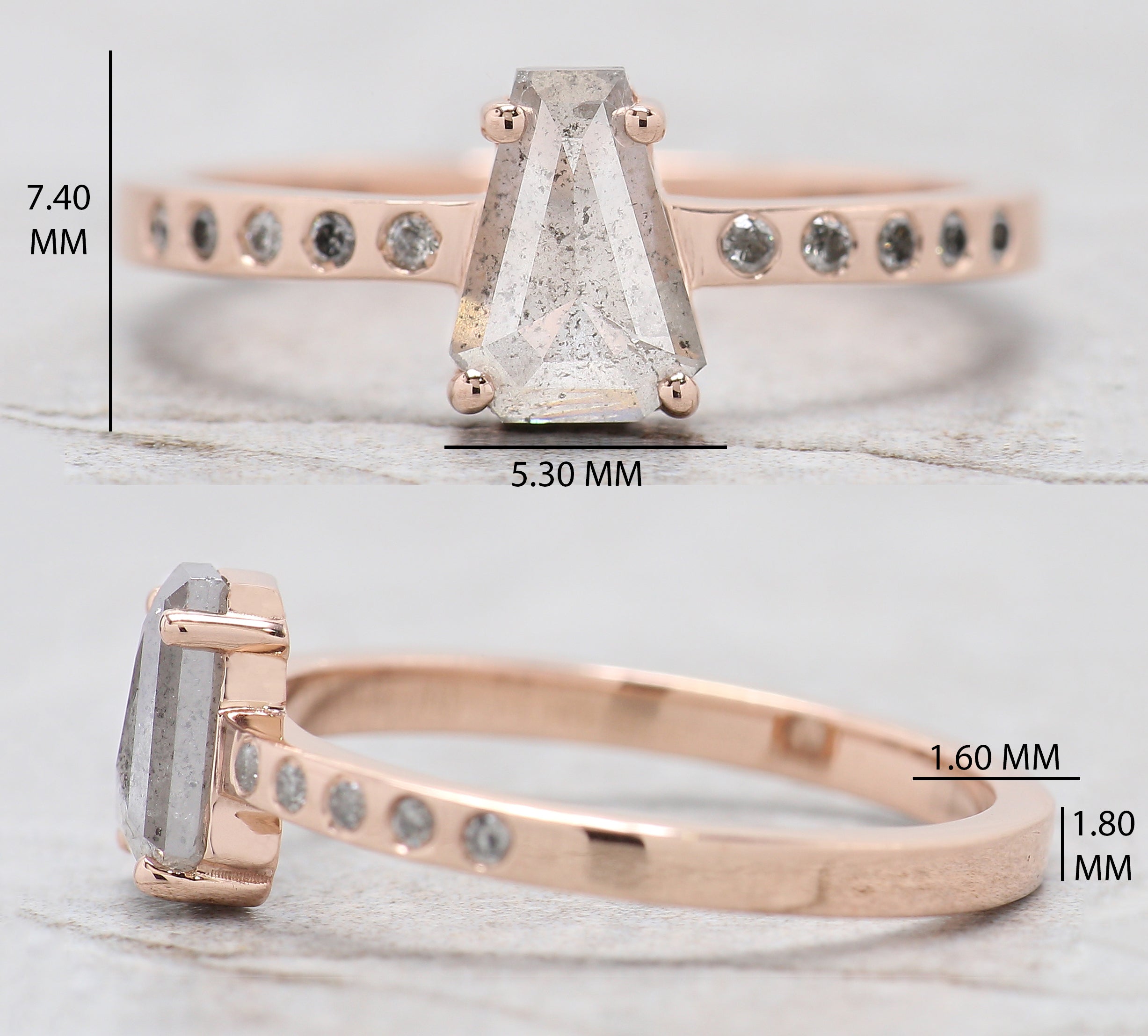 Coffin Cut Salt And Pepper Diamond Ring 0.80 Ct 7.30 MM Coffin Diamond Ring 14K Solid Rose Gold Silver Engagement Ring Gift For Her QL9673