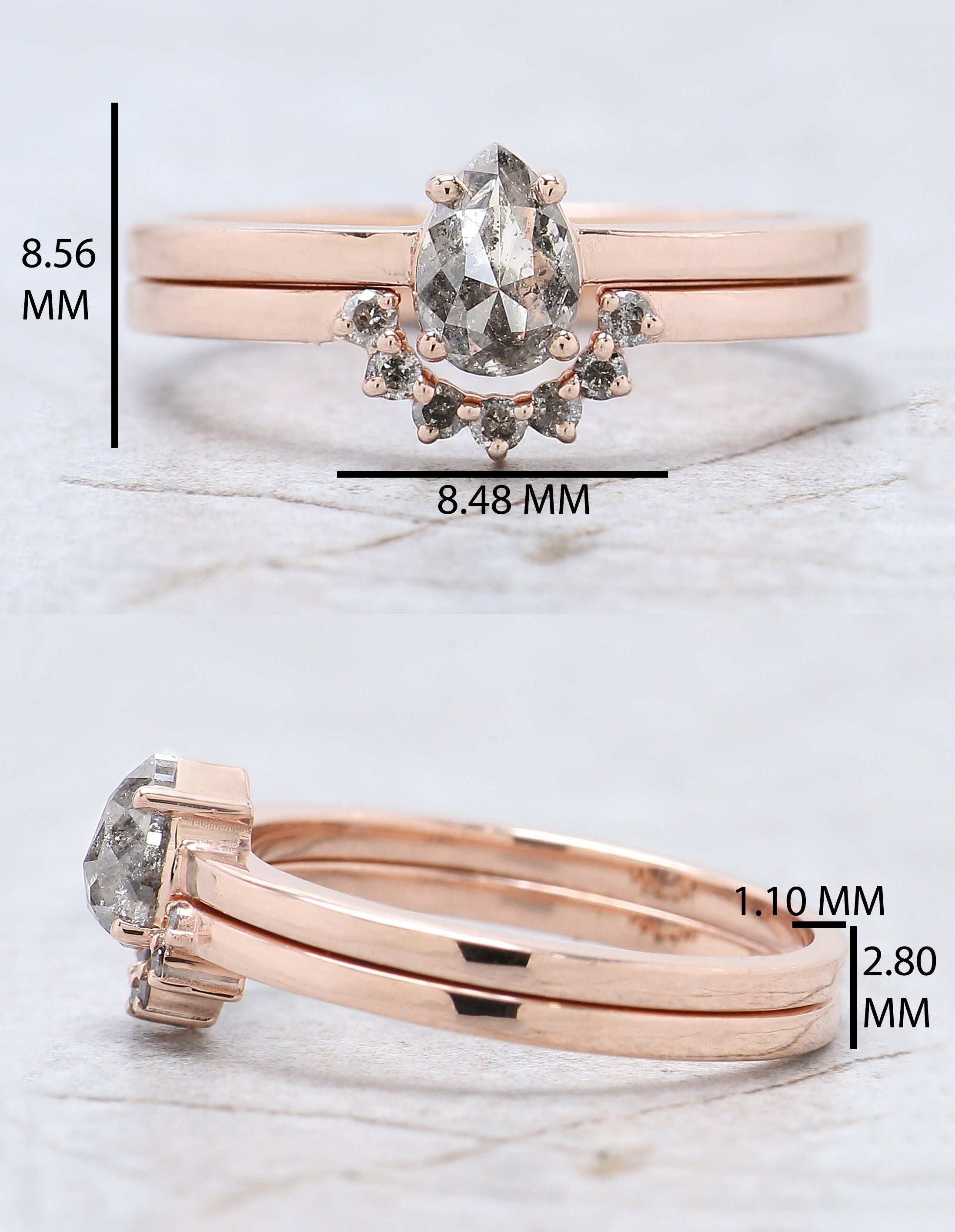 0.52 Ct Natural Pear Cut Salt And Pepper Diamond Ring 6.00 MM Pear Diamond Ring 14K Solid Rose Gold Silver Engagement Ring Pear Ring QN1831