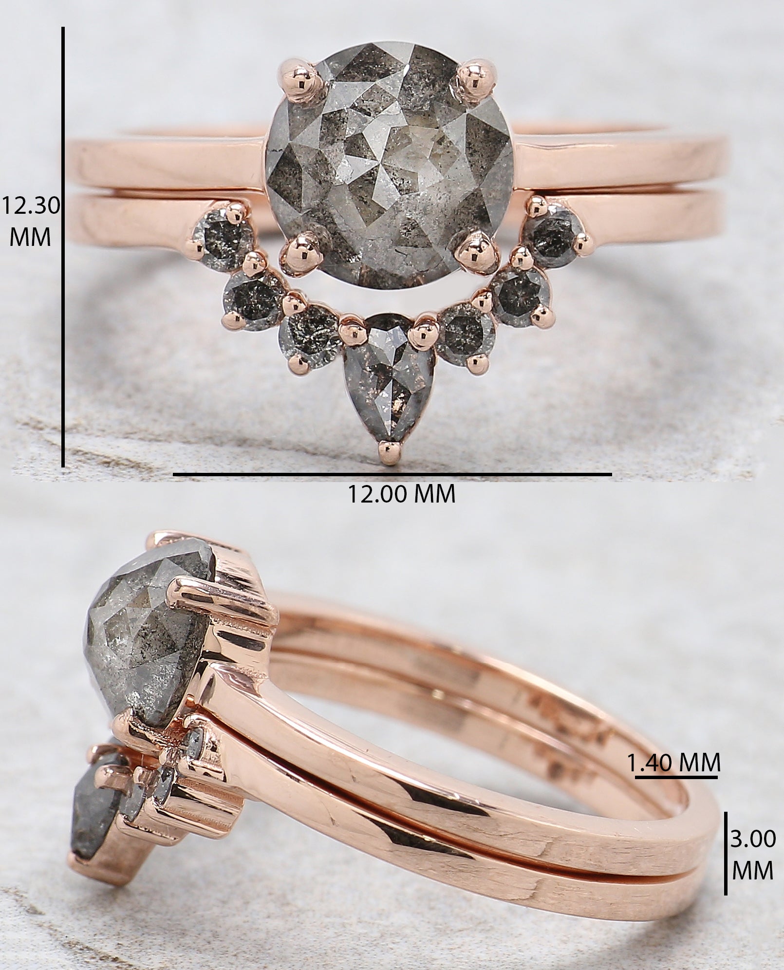 Round Rose Cut Salt And Pepper Diamond Ring 1.71 Ct 7.20 MM Diamond Ring 14K Solid Rose Gold Silver Engagement Ring Gift For Her QL1198