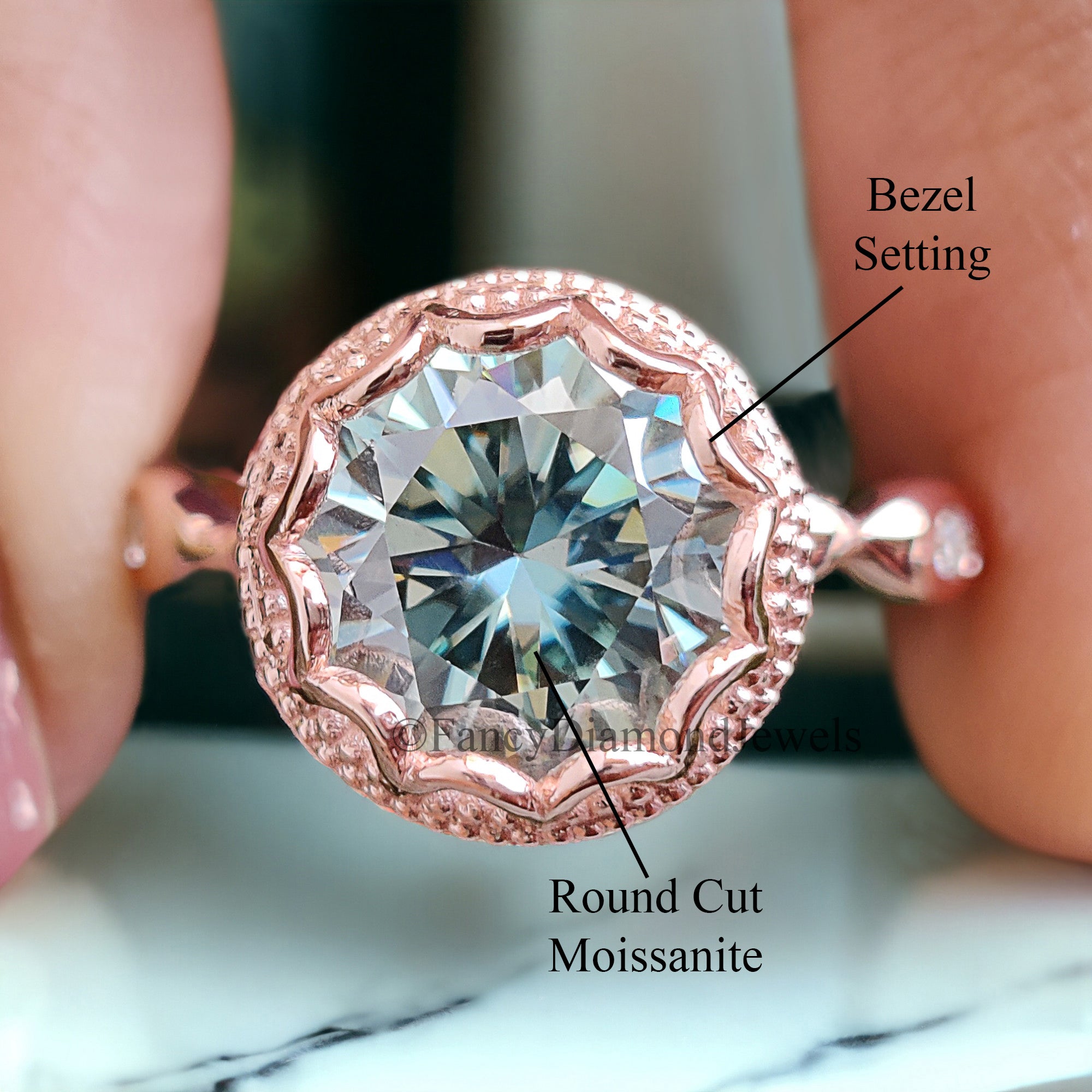 Round Cut Blue Moissanite Engagement Wedding Ring 14K Solid Gold Anniversary Ring Proposal Bezel Ring Authentic Moissanite Ring FD268