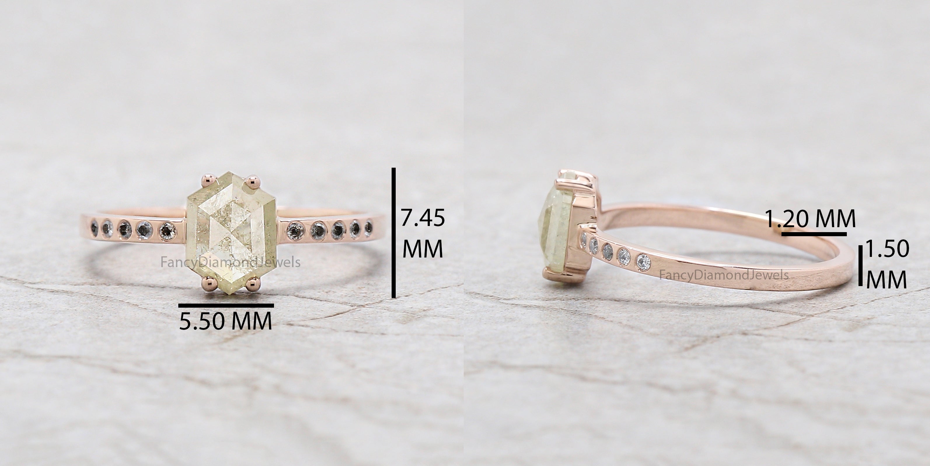 Hexagon Grey Color Diamond Ring 0.75 Ct 7.45 MM Hexagon Shape Diamond Ring 14K Solid Rose Gold Silver Engagement Ring Gift For Her QK2097