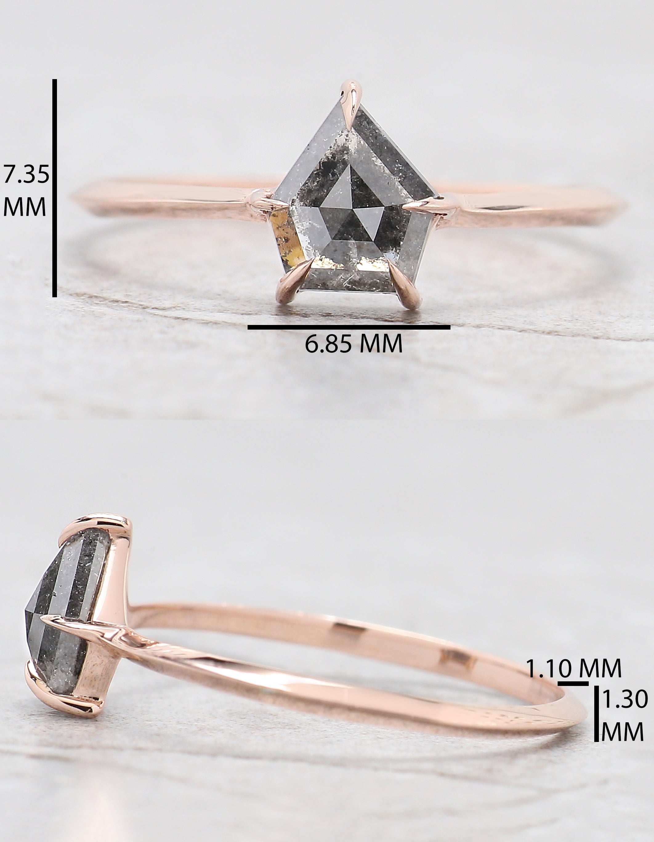 0.80 Ct Natural Shield Shape Salt And Pepper Diamond Ring 6.60 MM Shield Cut Diamond Ring 14K Solid Rose Gold Silver Engagement Ring QL7662