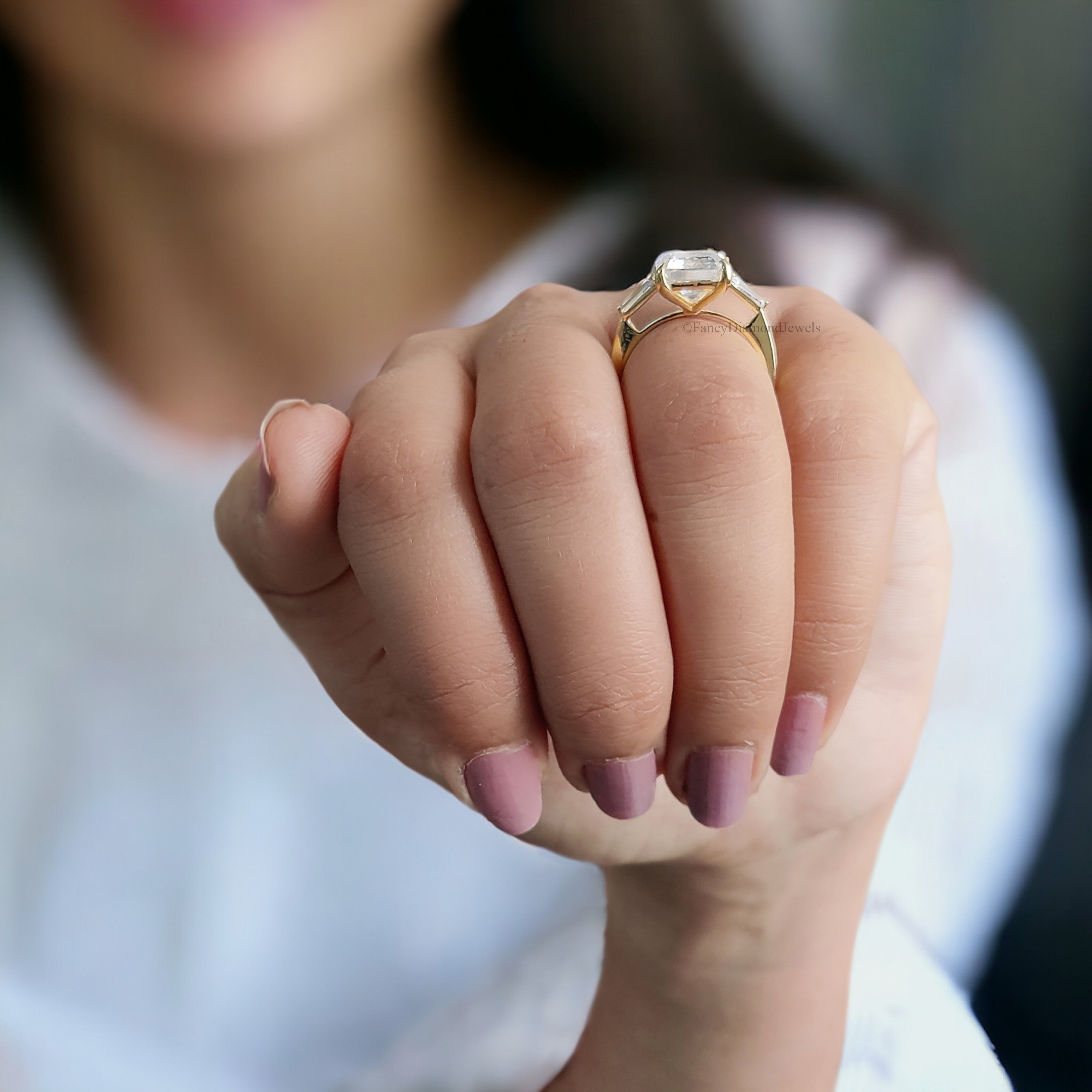 3.45 CT Emerald Cut Colorless Moissanite Ring Three Stone Engagement Ring Side Tapered Baguette Moissanite Claw Prong Anniversary Gift FD137