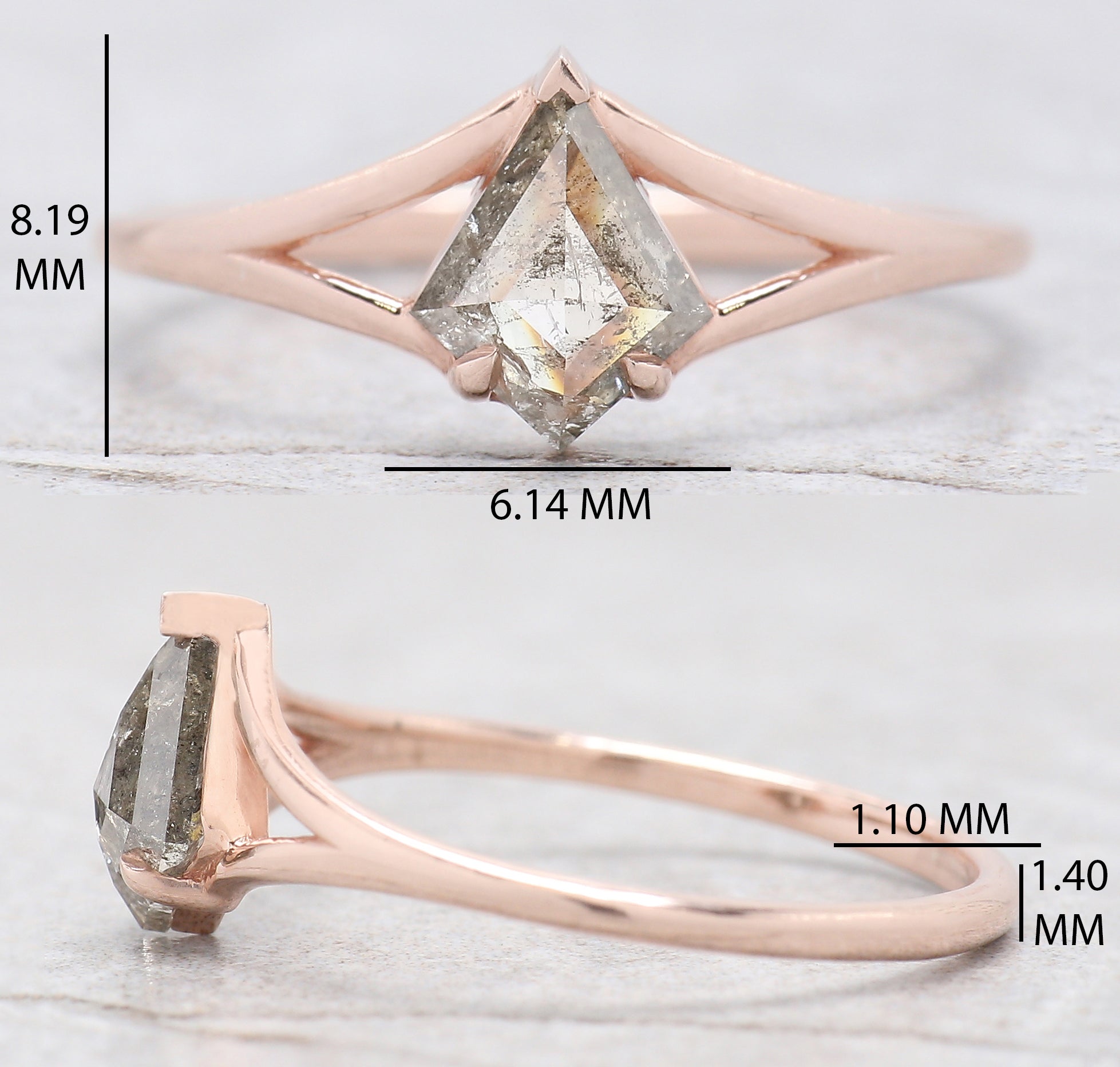 Kite Cut Salt And Pepper Diamond Ring 0.63 Ct 7.48 MM Kite Diamond Ring 14K Solid Rose Gold Silver Kite Engagement Ring Gift For Her QL2041