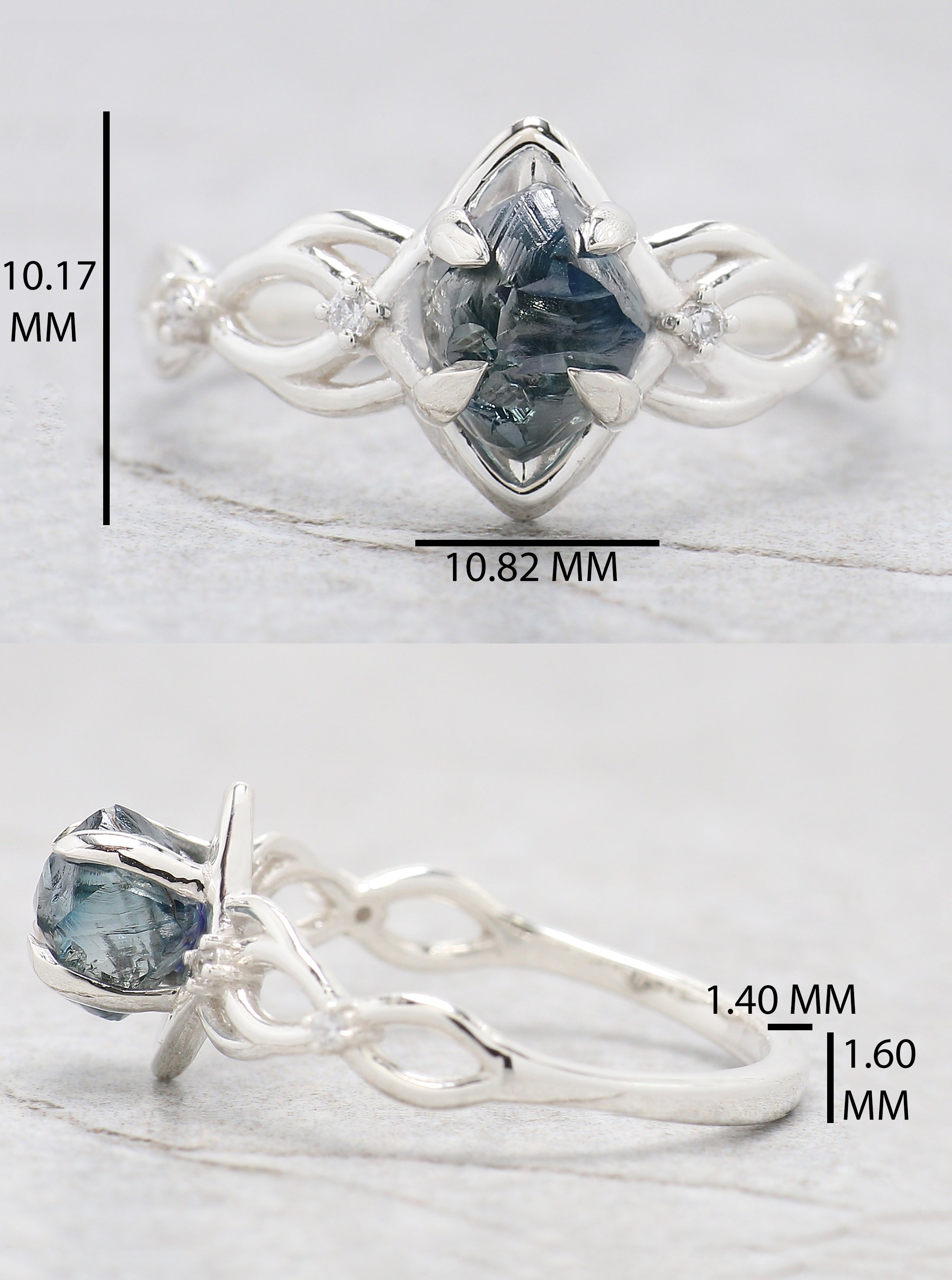 Rough Blue Color Diamond Ring 1.48 Ct 6.99 MM Crystal Rough Diamond Ring 14K Solid White Gold Silver Engagement Ring Gift For Her QL2357