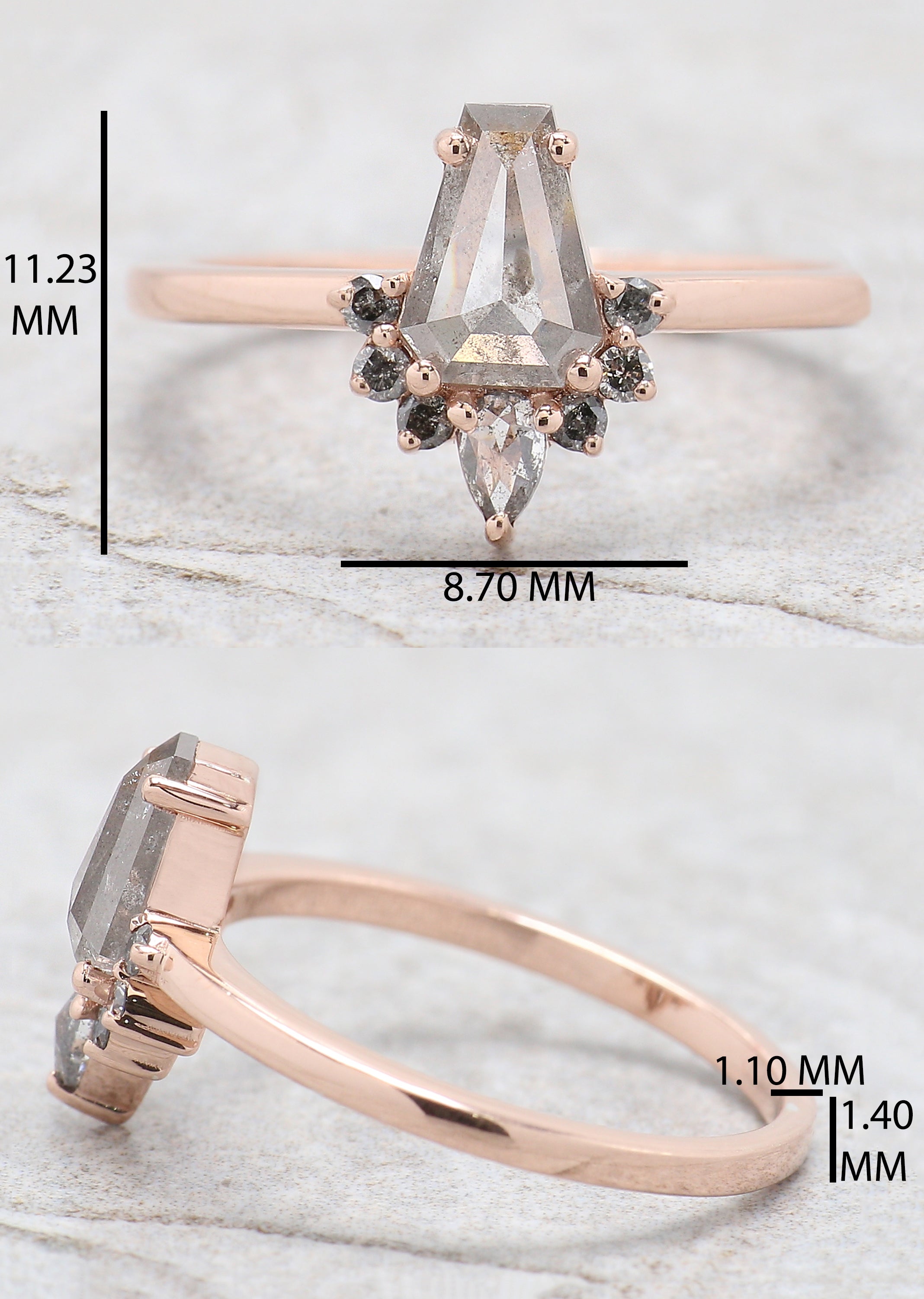 Coffin Cut Salt And Pepper Diamond Ring 0.75 Ct 7.00 MM Coffin Diamond Ring 14K Solid Rose Gold Silver Engagement Ring Gift For Her QN1248