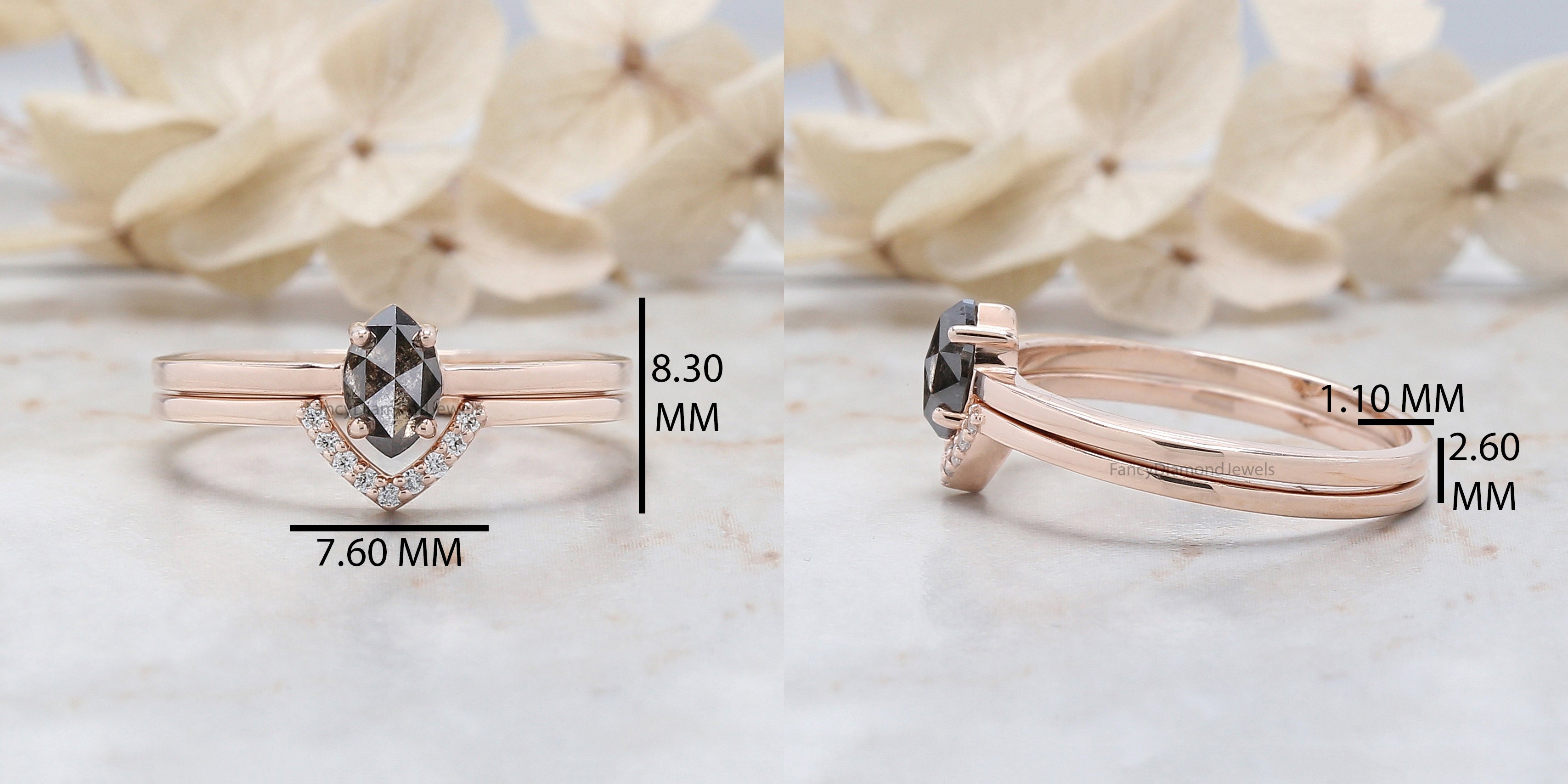 Marquise Salt And Pepper Diamond Ring, Salt And Pepper Marquise Diamond Engagement Ring, Marquise Cut Ring, Marquise Bridal Ring Set, KD1130