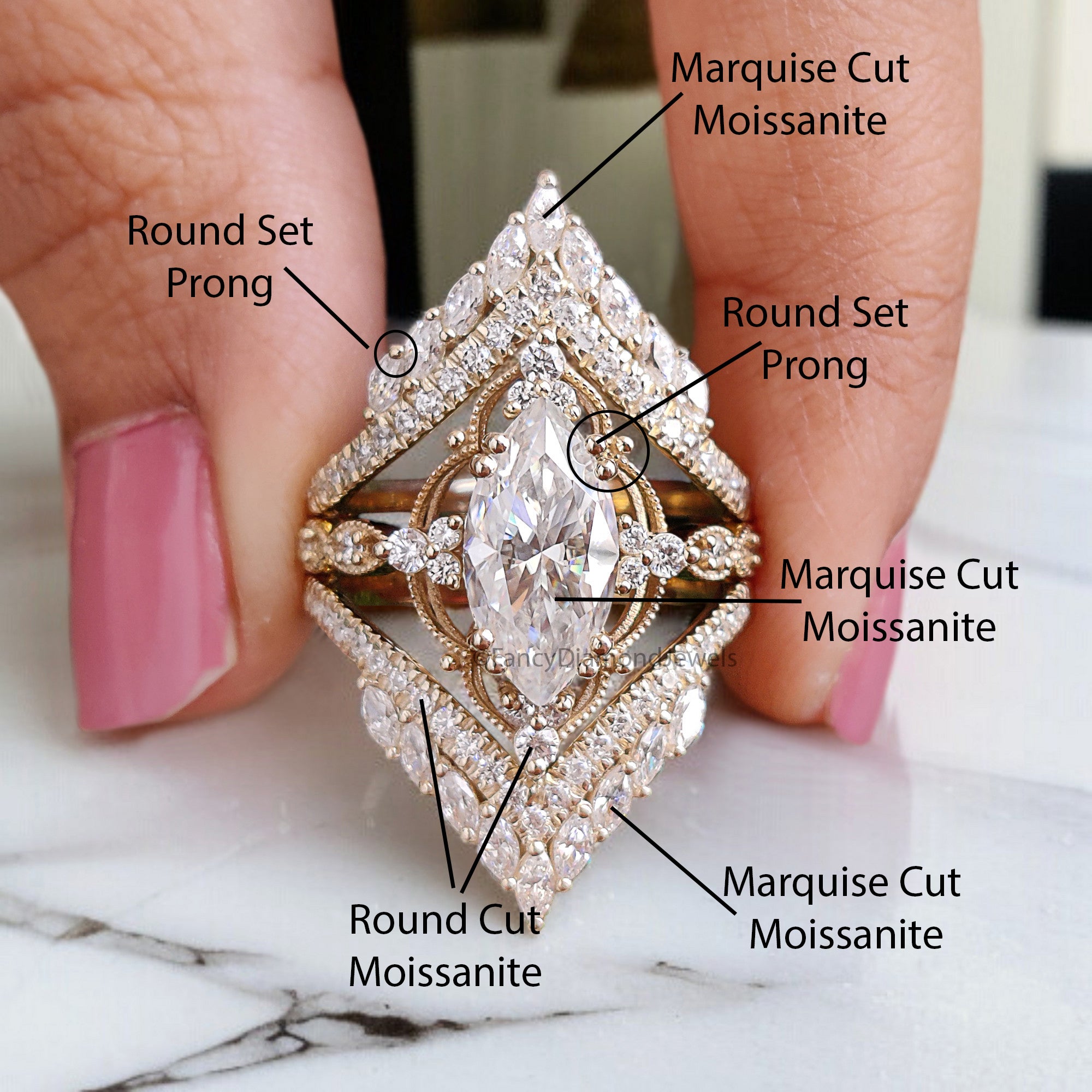 Marquise Moissanite Bridal Set 2pcs Moissanite Cage Ring Unique Engagement Ring Yellow Gold Vintage Wrap Ring Bridal Anniversary Ring FD318