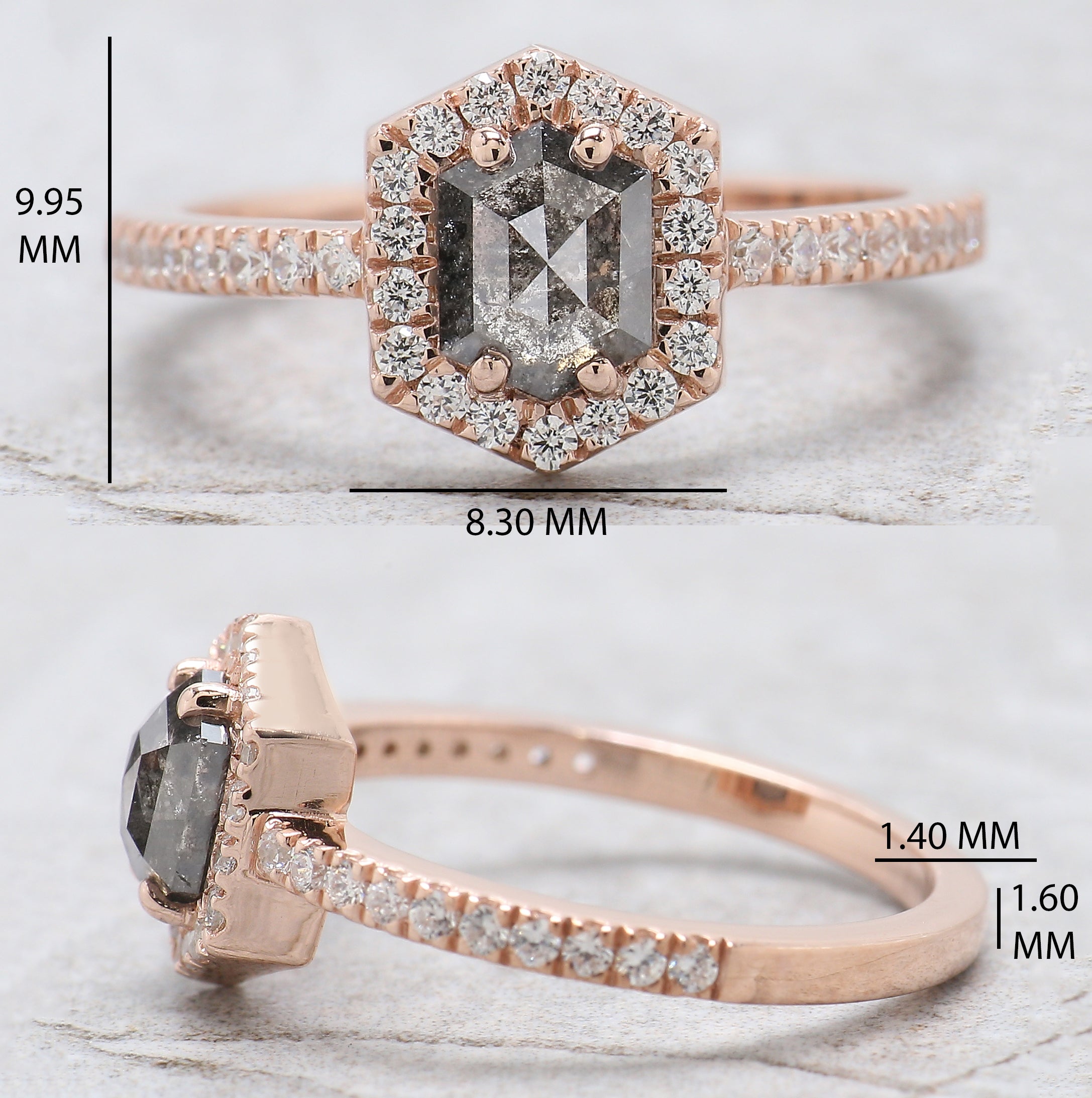 Hexagon Salt And Pepper Diamond Ring 0.80 Ct 6.30 MM Hexagon Cut Diamond Ring 14K Solid Rose Gold Silver Engagement Ring Gift For Her QN1135