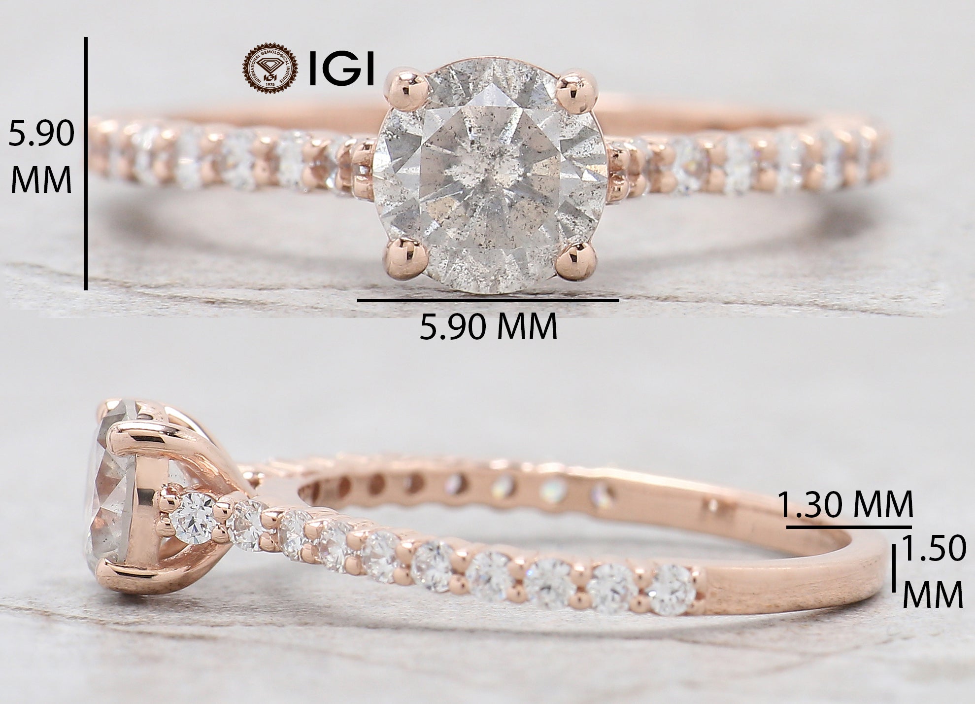 IGI Certified Round Salt And Pepper Diamond Ring 0.73 Ct 5.70 MM Round Diamond Ring 14K Solid Rose Gold Silver Engagement Ring Gift For Her QL2144
