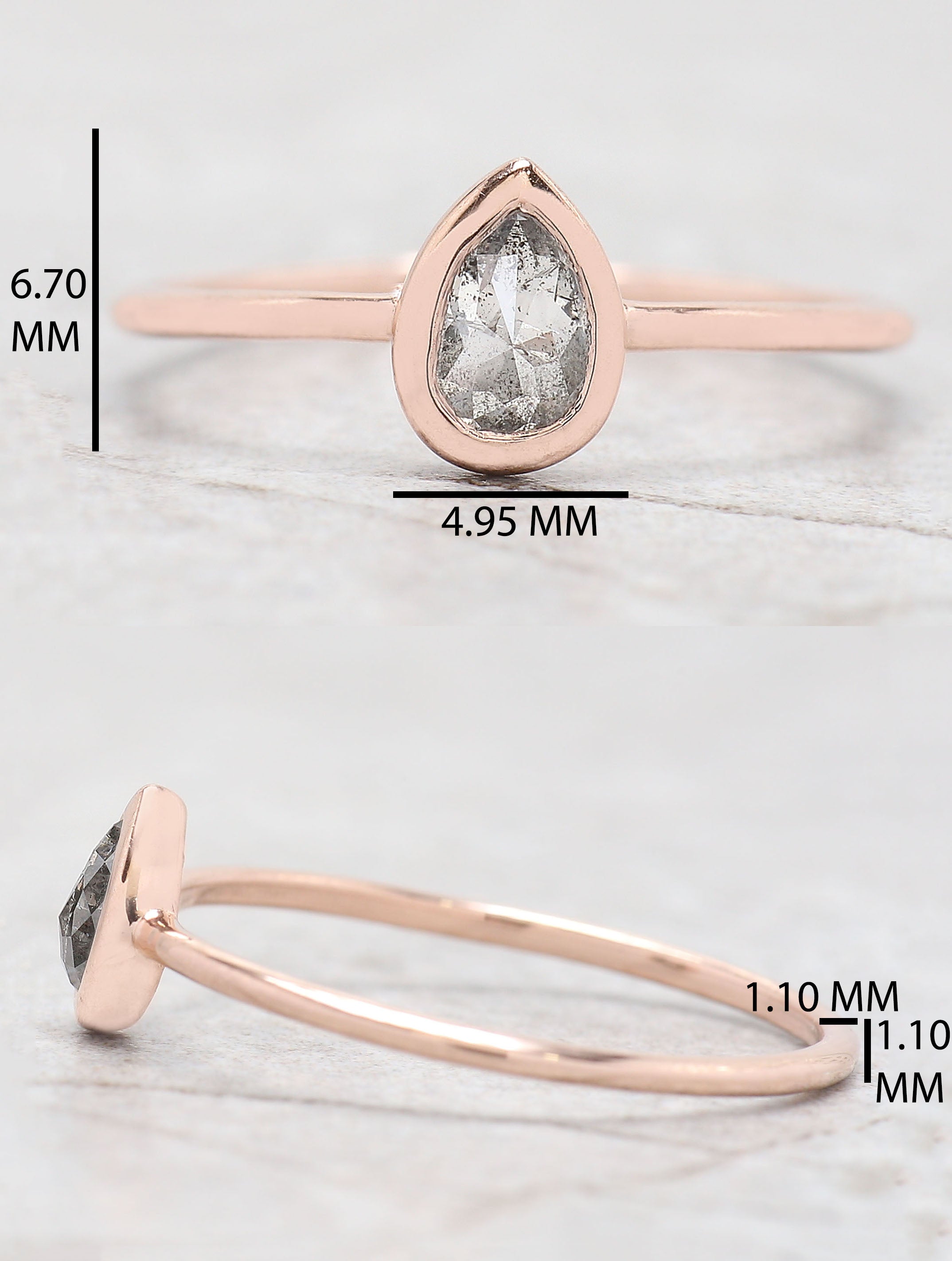 Pear Cut Salt And Pepper Diamond Ring 0.39 Ct 5.40 MM Pear Diamond Ring 14K Solid Rose Gold Silver Pear Engagement Ring Gift For Her QLB280