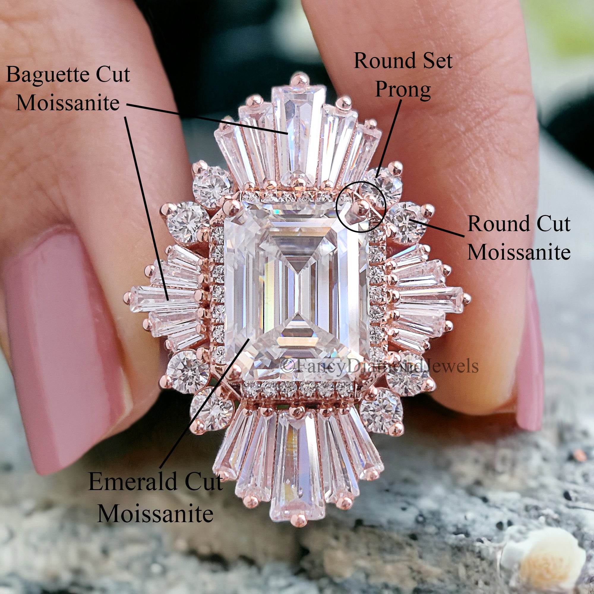 0.95 CT Emerald Cut Moissanite Ring SunBurst Halo Engagement Ring Bridal Wedding Ring Anniversary Gift Ring Valentine's Gift For Women FD257