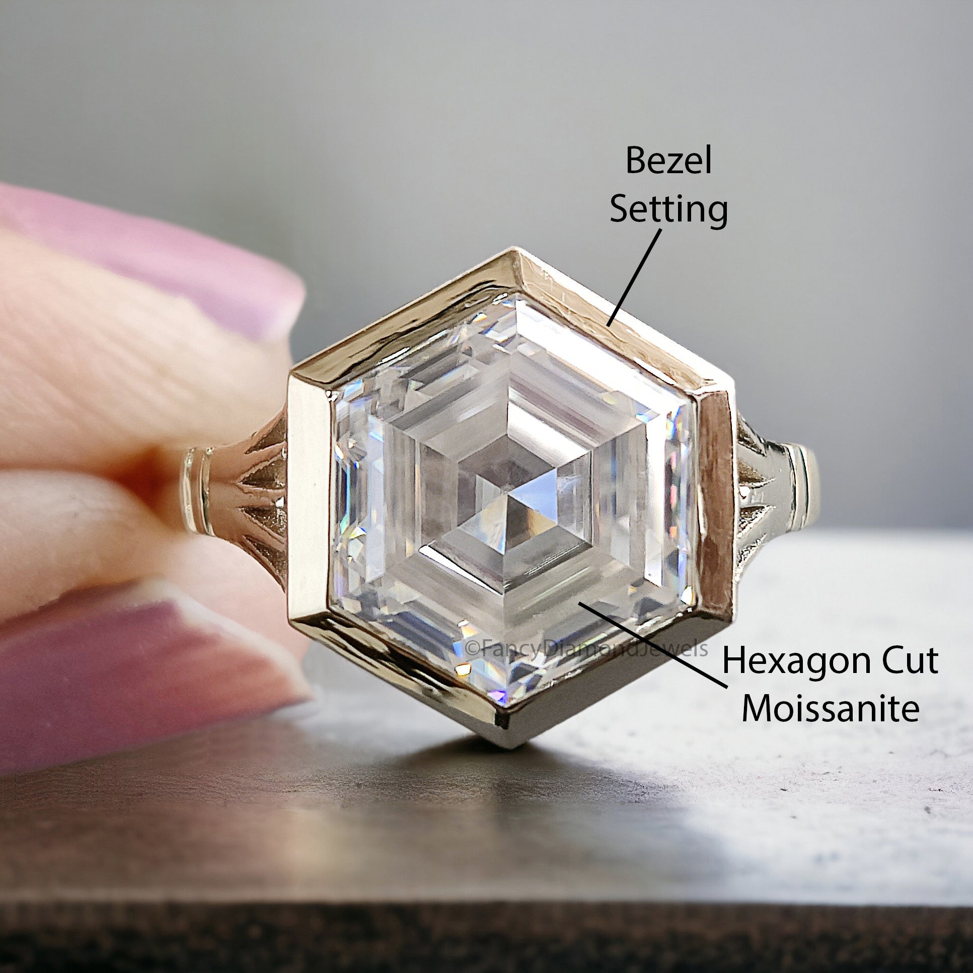 3.20 CT Elongated Hexagon Cut Moissanite Engagement Ring Yellow Gold Ring Bezel Set Art Deco Bridal Promise Anniversary Gift For Her FD316