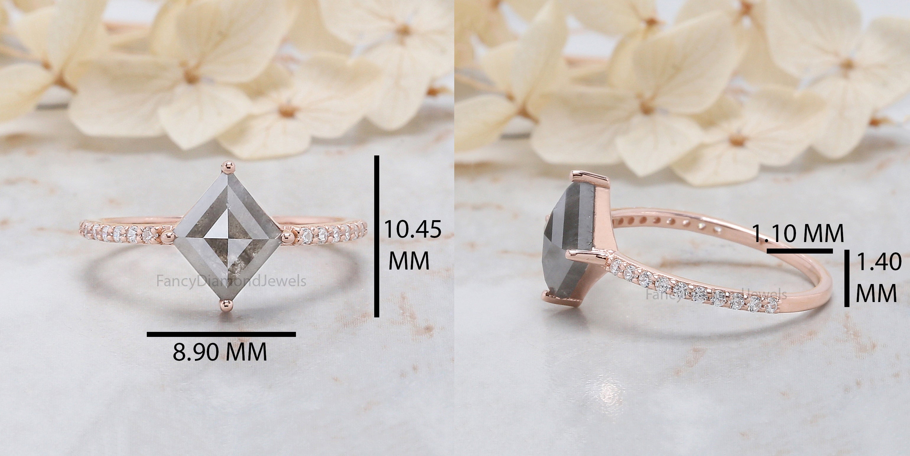 Kite Cut Salt And Pepper Diamond Ring 1.50 Ct 9.60 MM Kite Diamond Ring 14K Solid Rose Gold Silver Kite Engagement Ring Gift For Her QK2049
