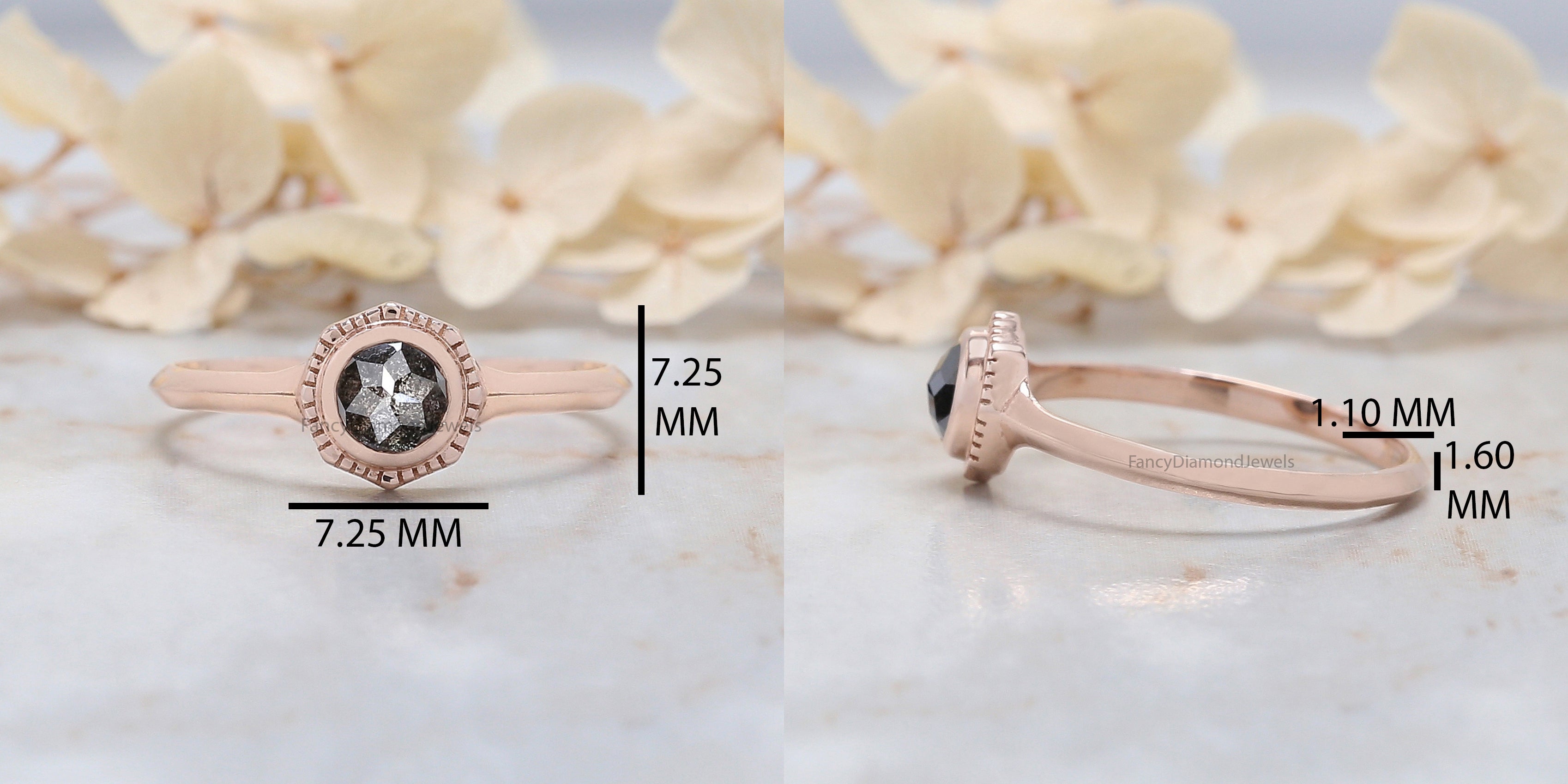 Round Rose Cut Salt And Pepper Diamond Ring, Salt And Pepper Rose Cut Diamond Engagement Ring, Rose Diamond Ring, Round Shape Ring KD1217