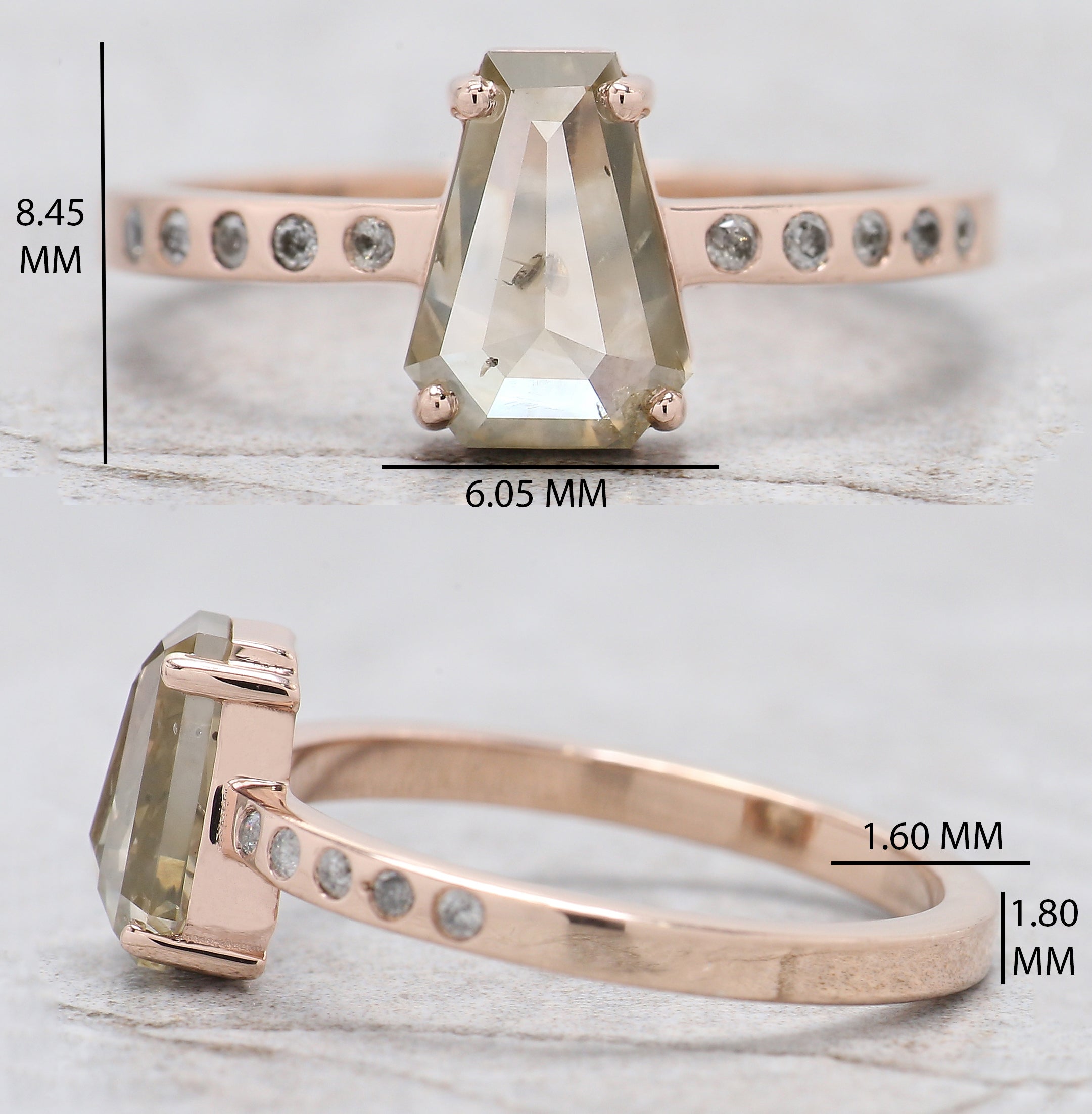Coffin Cut Salt And Pepper Diamond Ring 1.43 Ct 8.35 MM Coffin Diamond Ring 14K Solid Rose Gold Silver Engagement Ring Gift For Her QL387
