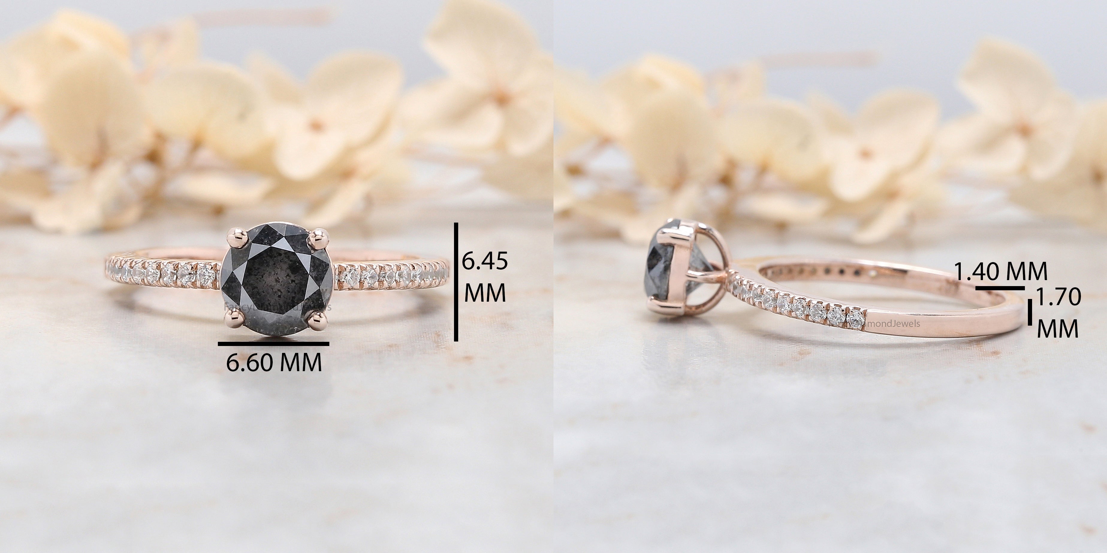 Round Cut Salt And Pepper Diamond Ring 1.25 Ct 6.40 MM Round Diamond Ring 14K Solid Rose Gold Silver Engagement Ring Gift For Her QL8301