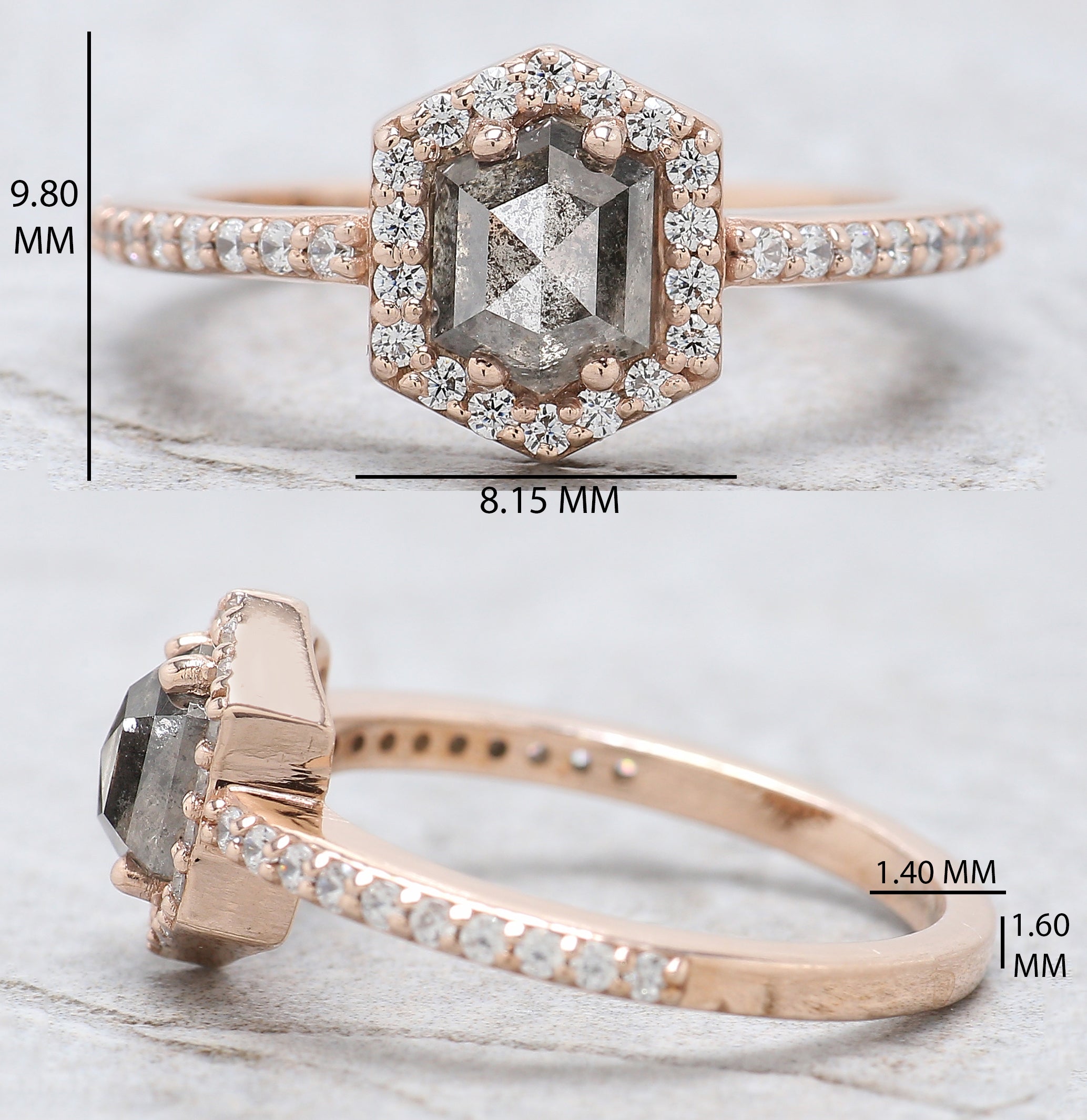 Hexagon Salt And Pepper Diamond Ring 1.00 Ct 6.35 MM Hexagon Cut Diamond Ring 14K Solid Rose Gold Silver Engagement Ring Gift For Her QL276