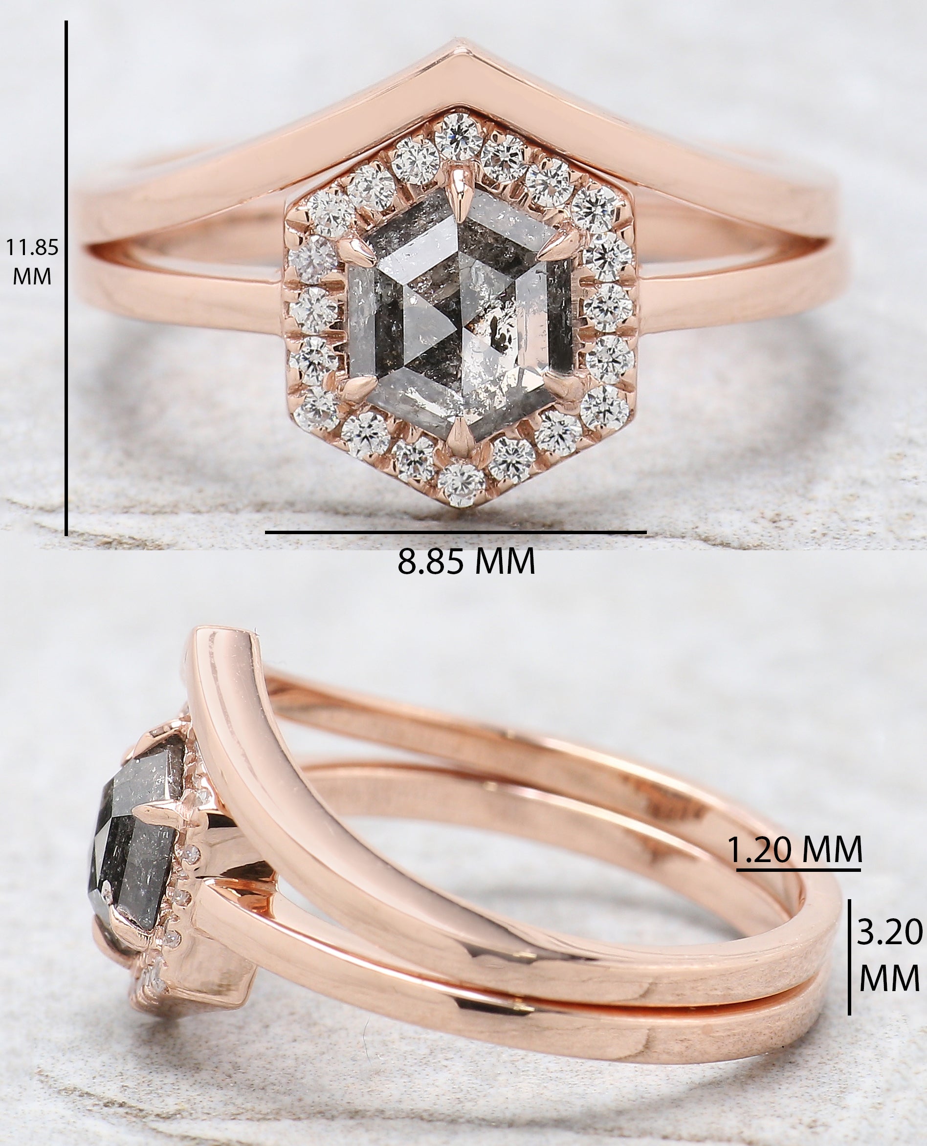 Hexagon Cut Salt And Pepper Diamond Ring 0.88 Ct 6.80 MM Hexagon Cut Diamond Ring 14K Rose Gold Silver Engagement Ring Gift For Her QL9968