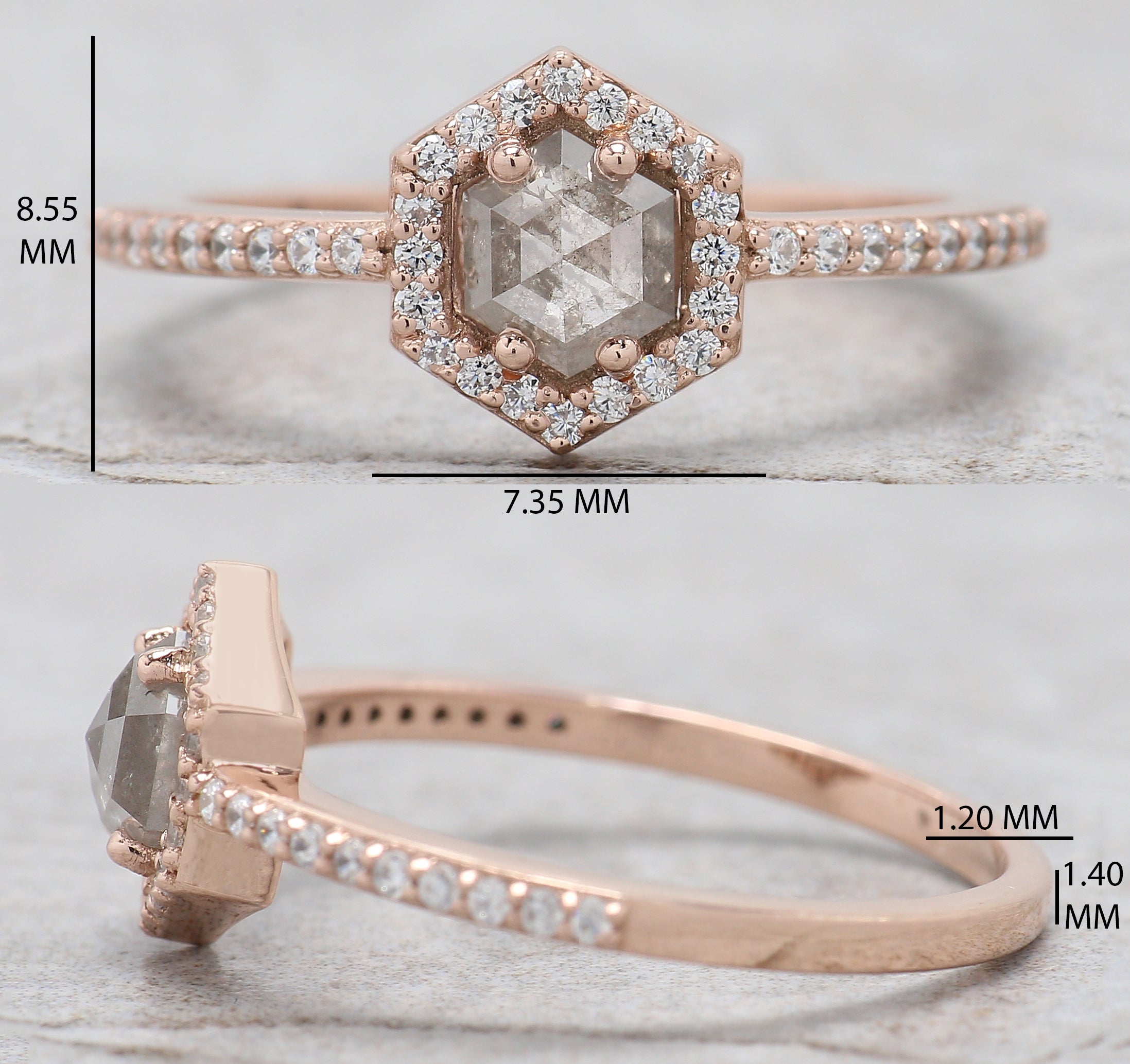 Hexagon Cut Salt And Pepper Diamond Ring 0.57 Ct 5.20 MM Hexagon Diamond Ring 14K Solid Rose Gold Silver Engagement Ring Gift For Her QL7965