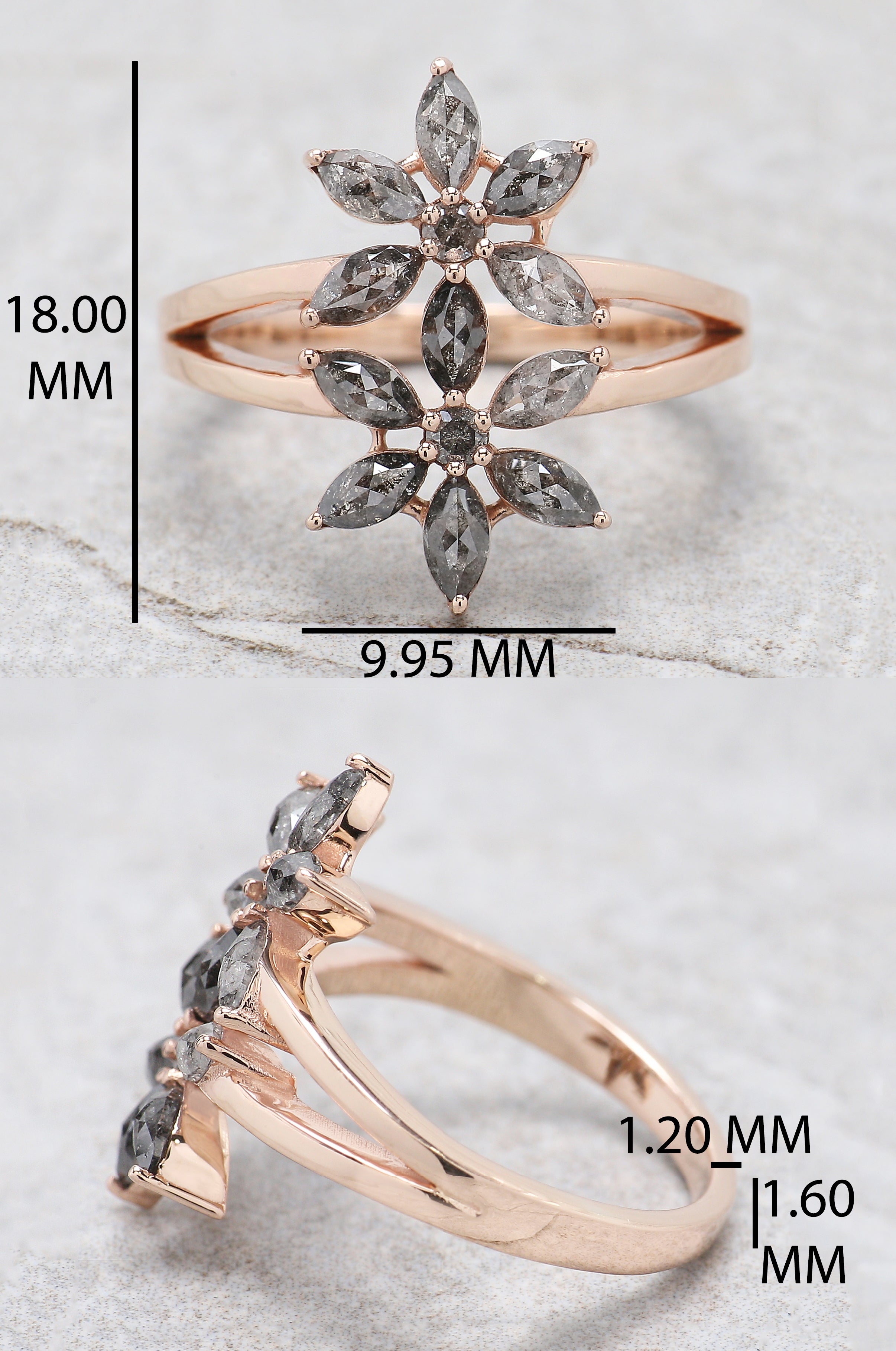 Marquise Cut Salt And Pepper Diamond Ring 0.99 Ct 4.30 MM Marquise Diamond Ring 14K Rose Gold Silver Engagement Ring Gift For Her QL1348