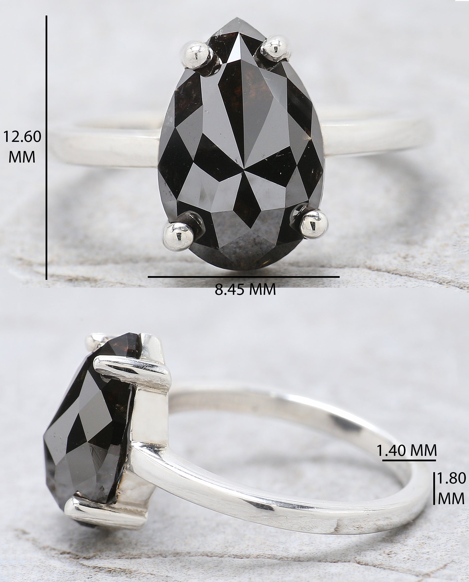 Pear Shape Black Color Diamond Ring 4.27 Ct 12.52 MM Pear Cut Diamond Ring 14K Solid White Gold Silver Engagement Ring Gift For Her QL2155
