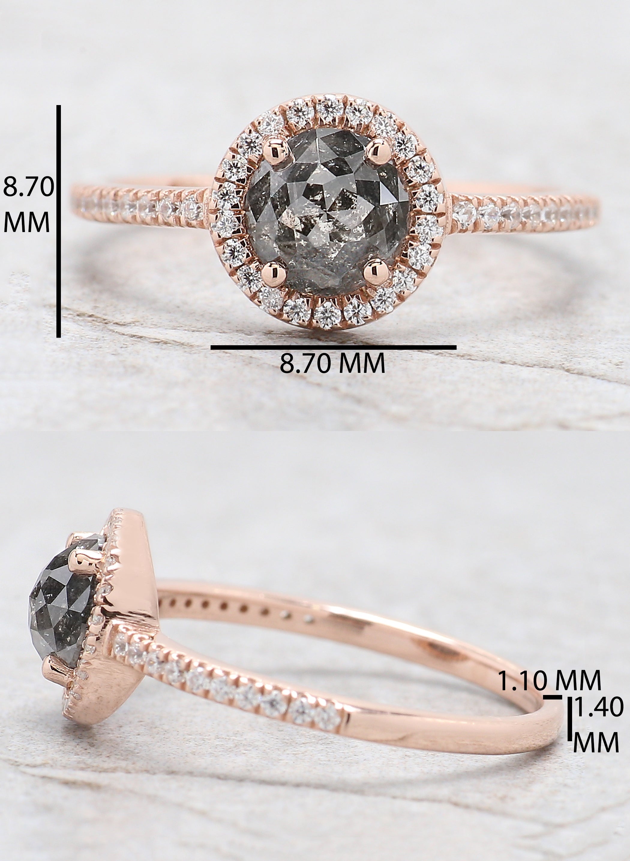 Round Rose Cut Salt And Pepper Diamond Ring 0.96 Ct 6.00 MM Round Diamond Ring 14K Rose Gold Silver Engagement Ring Gift For Her QN1216